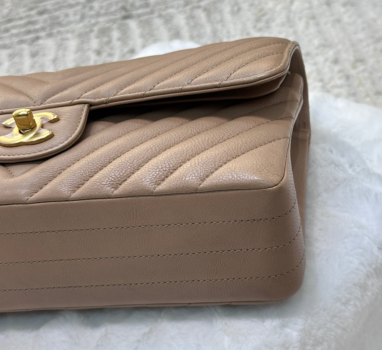 Chanel Classic Medium Beige Chevron Calfskin with Gold Hardware