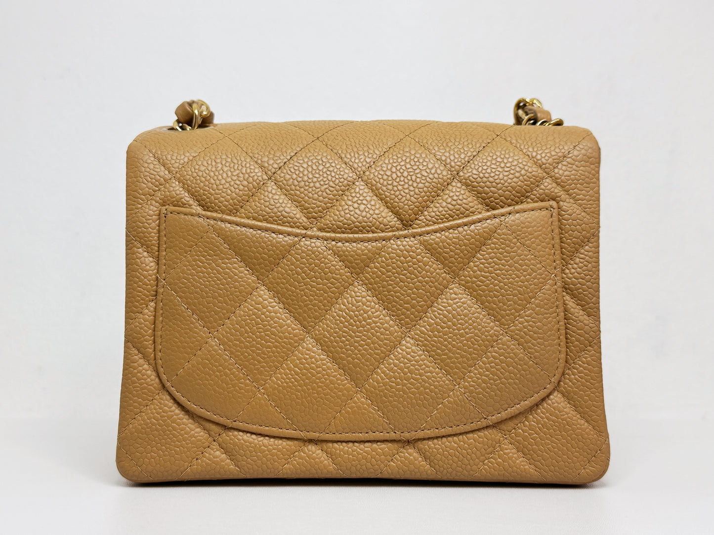 Chanel 24K Gold Mini Square Caviar Classic Flap Chain Shoulder Bag Beige GHW 84 holo card