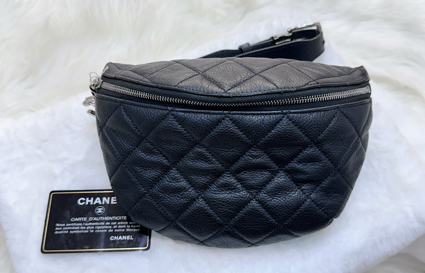 CHANEL Grained Calfskin Quilted Waist Belt Bag Black 2749 holo card