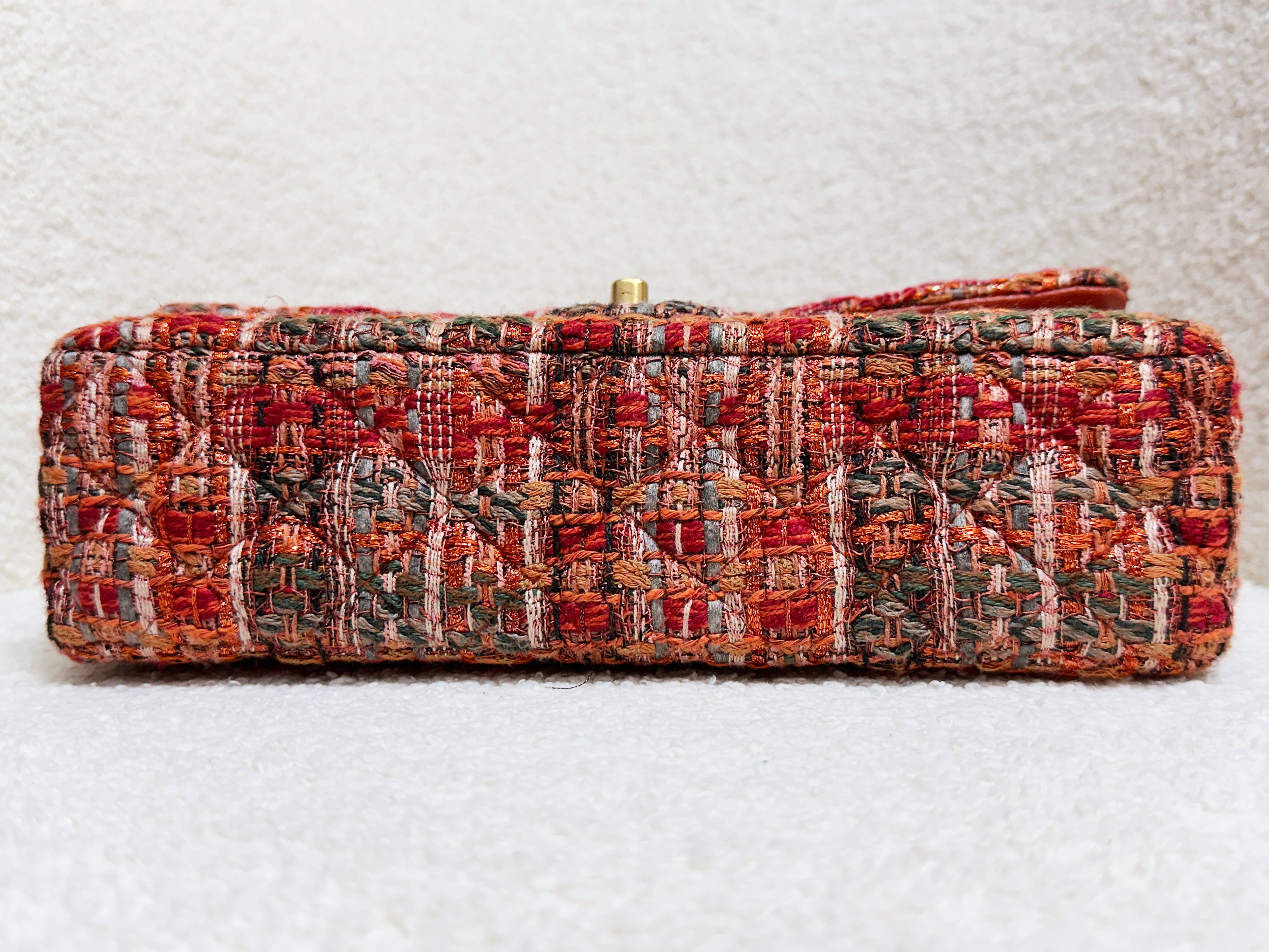 Chanel Tweed Quilted Medium Double Flap Bag Orange Multicolor K9J2 microchip