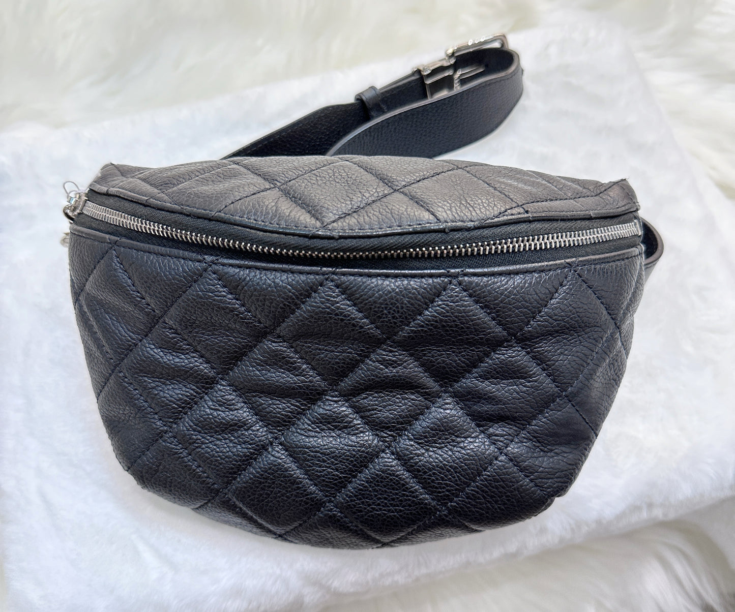 CHANEL Grained Calfskin Quilted Waist Belt Bag Black 2749 holo card