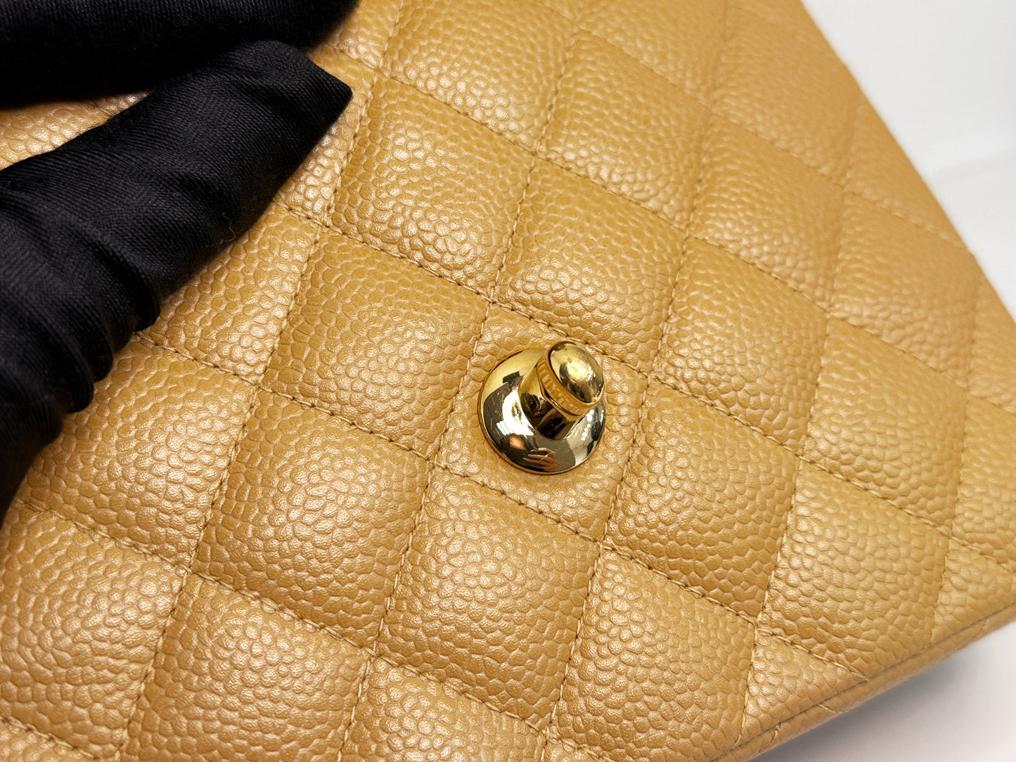 Chanel 24K Gold Mini Square Caviar Classic Flap Chain Shoulder Bag Beige GHW 84 holo card