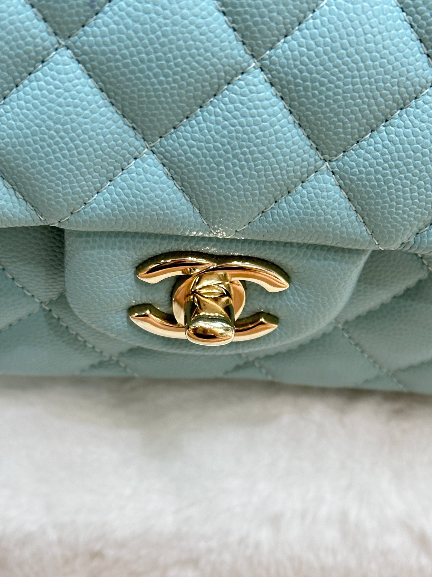 Chanel Small Classic Caviar Double Flap Tiffany Blue 20C GHW