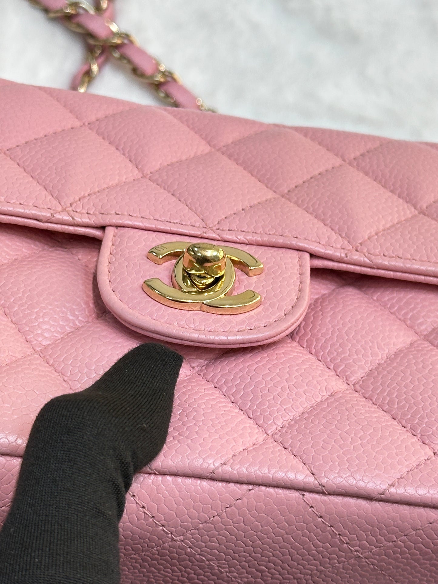 Chanel Mini Square Classic Caviar Flap Pink. Body lightly touched