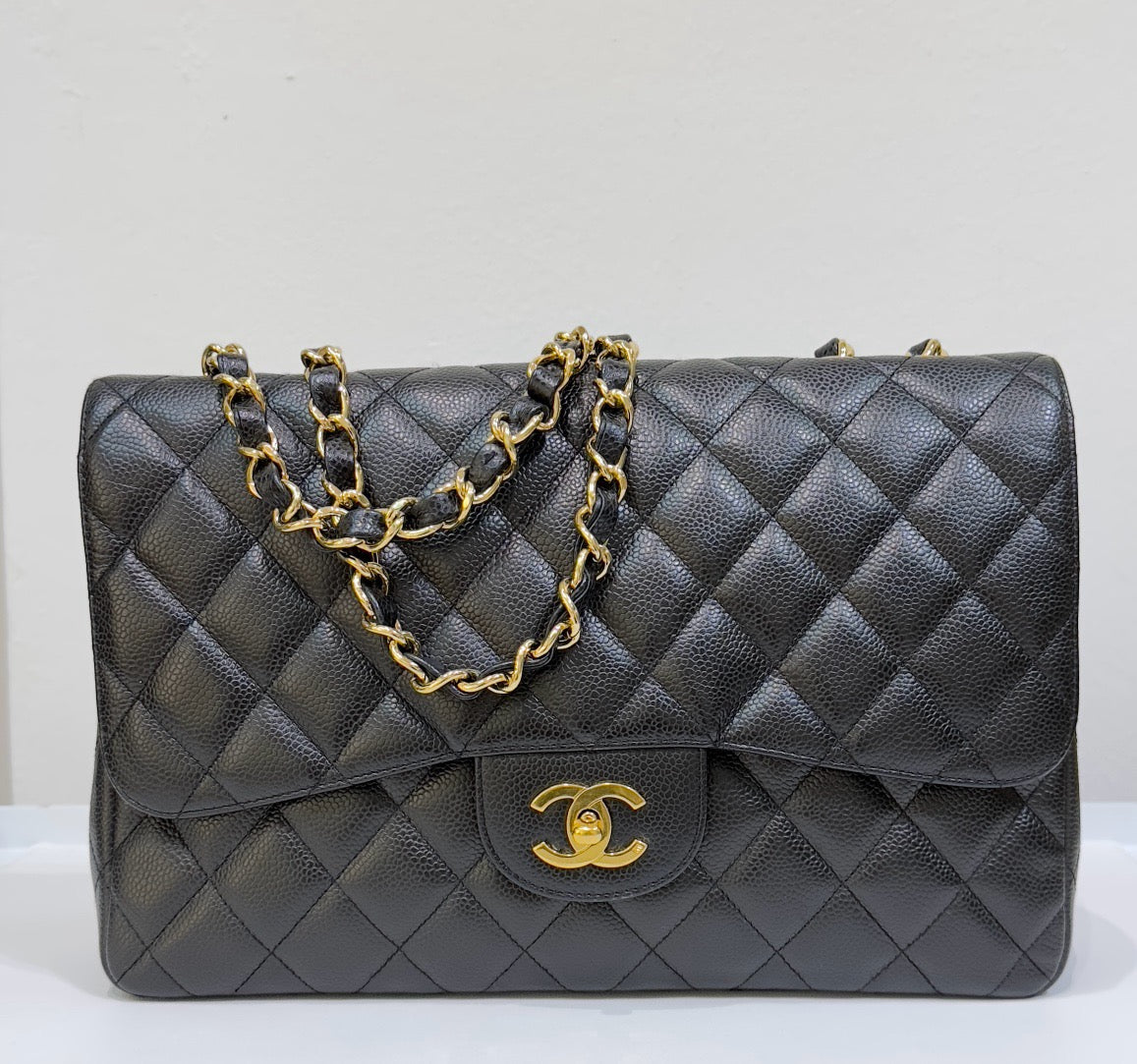 Chanel Classic Jumbo Single Flap Caviar Leather Black 1237 holo card GHW