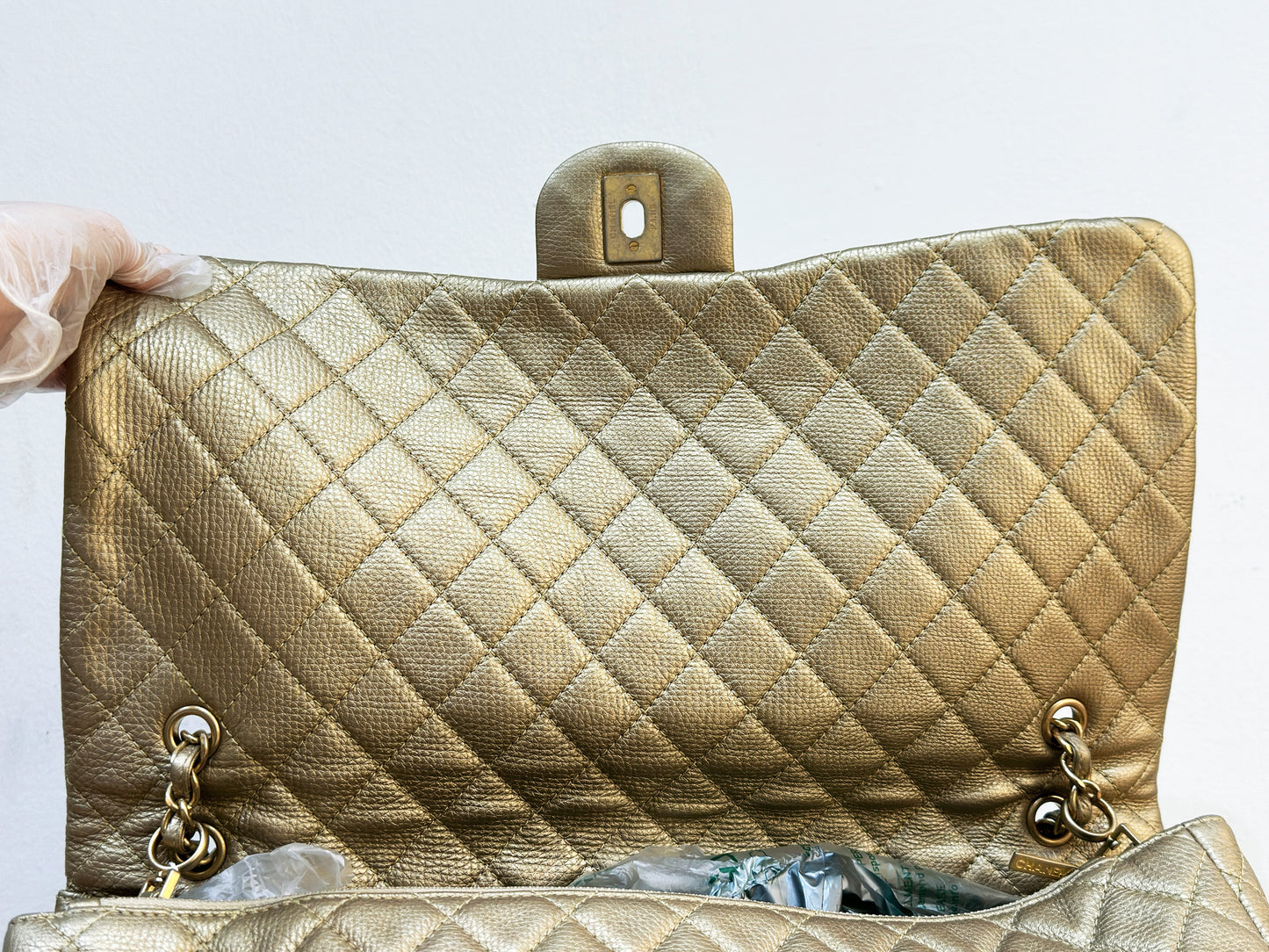 Chanel 2018 Calfskin Quilted XXL Travel Flap shoulder bag Metallic Gold GHW 2510 holo card
