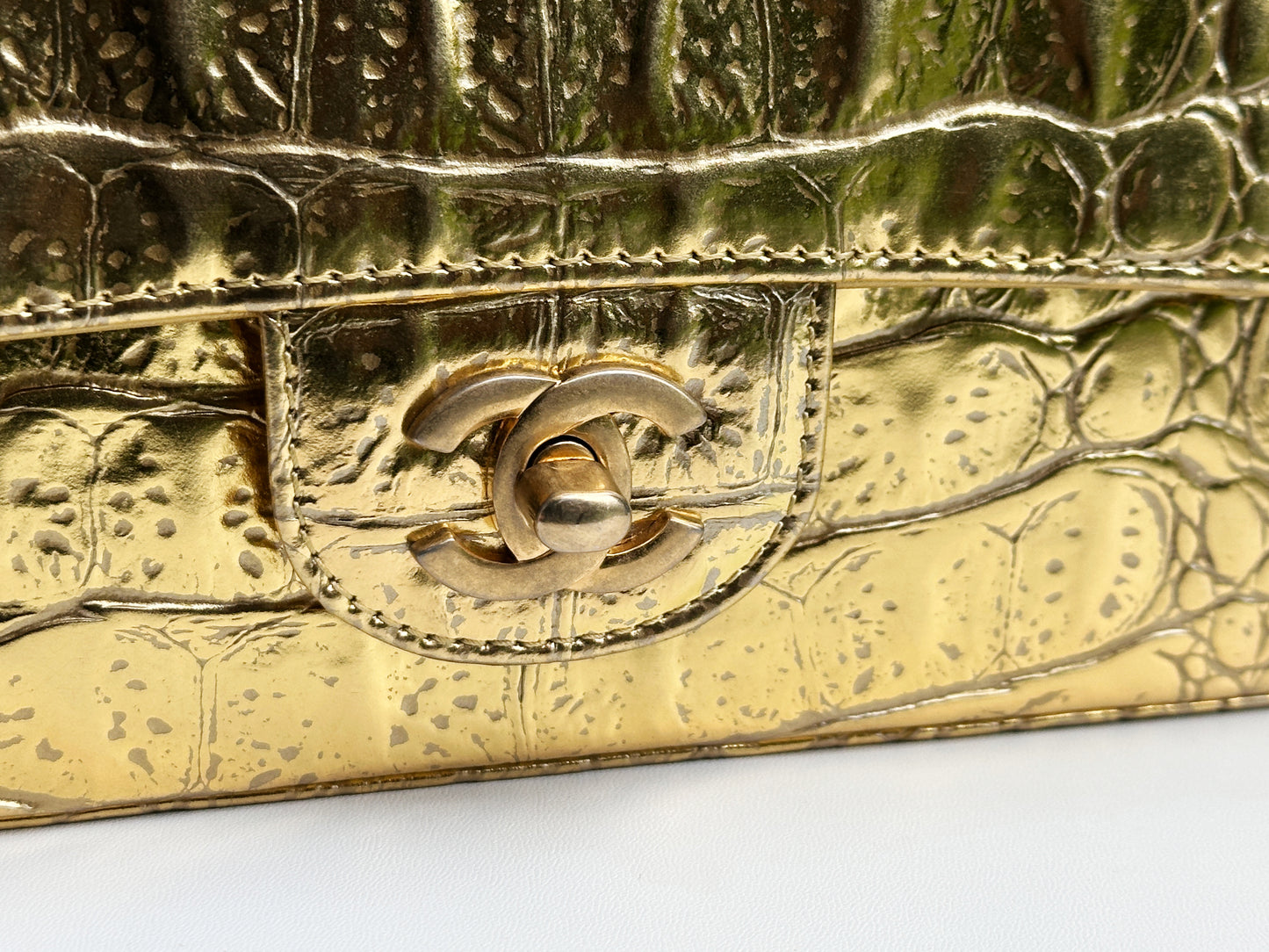 Chanel Mini Calfskin Crocodile Embossed Rectangular Gold Metallic Flap Bag 2803 holo card