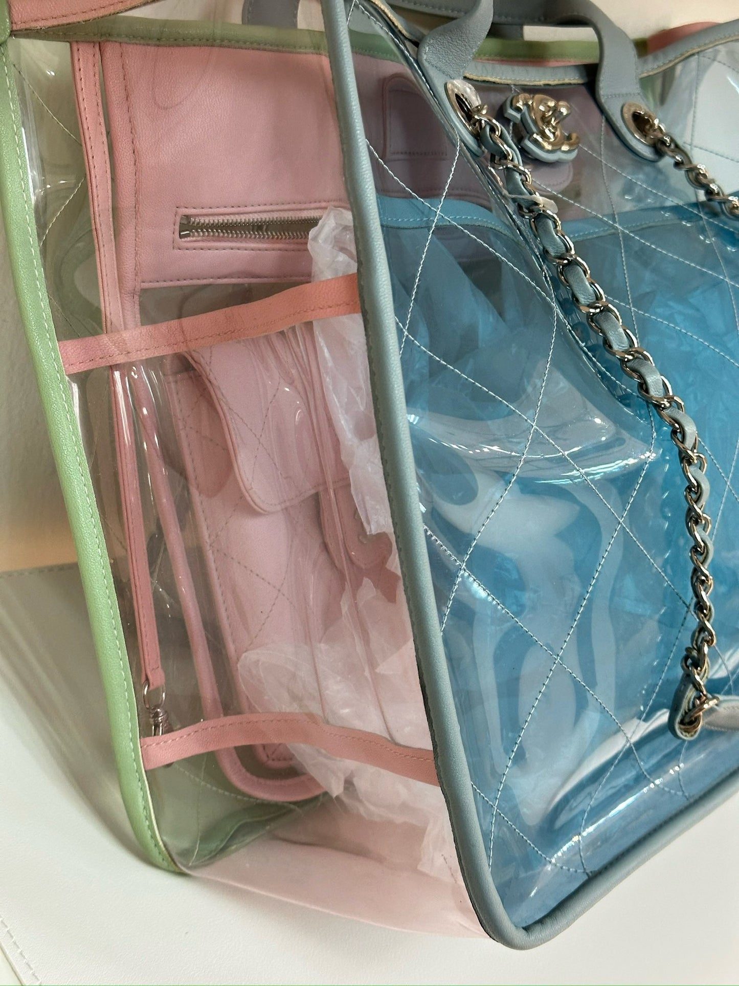 Chanel Lambskin PVC Quilted Medium Coco Splash Shopping Bag Blue Green Pink 2562 holo card