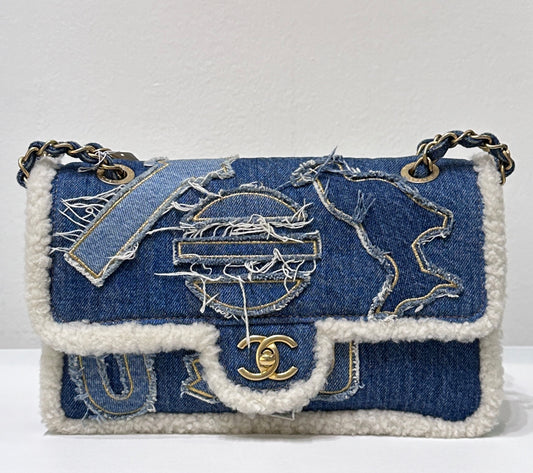 CHANEL Denim Shearling Hieroglyph Flap Blue