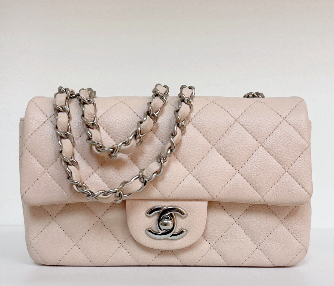 Chanel Mini Rectangular Classic Quilted Caviar Sakura Pink SHW 14C 1877 holo