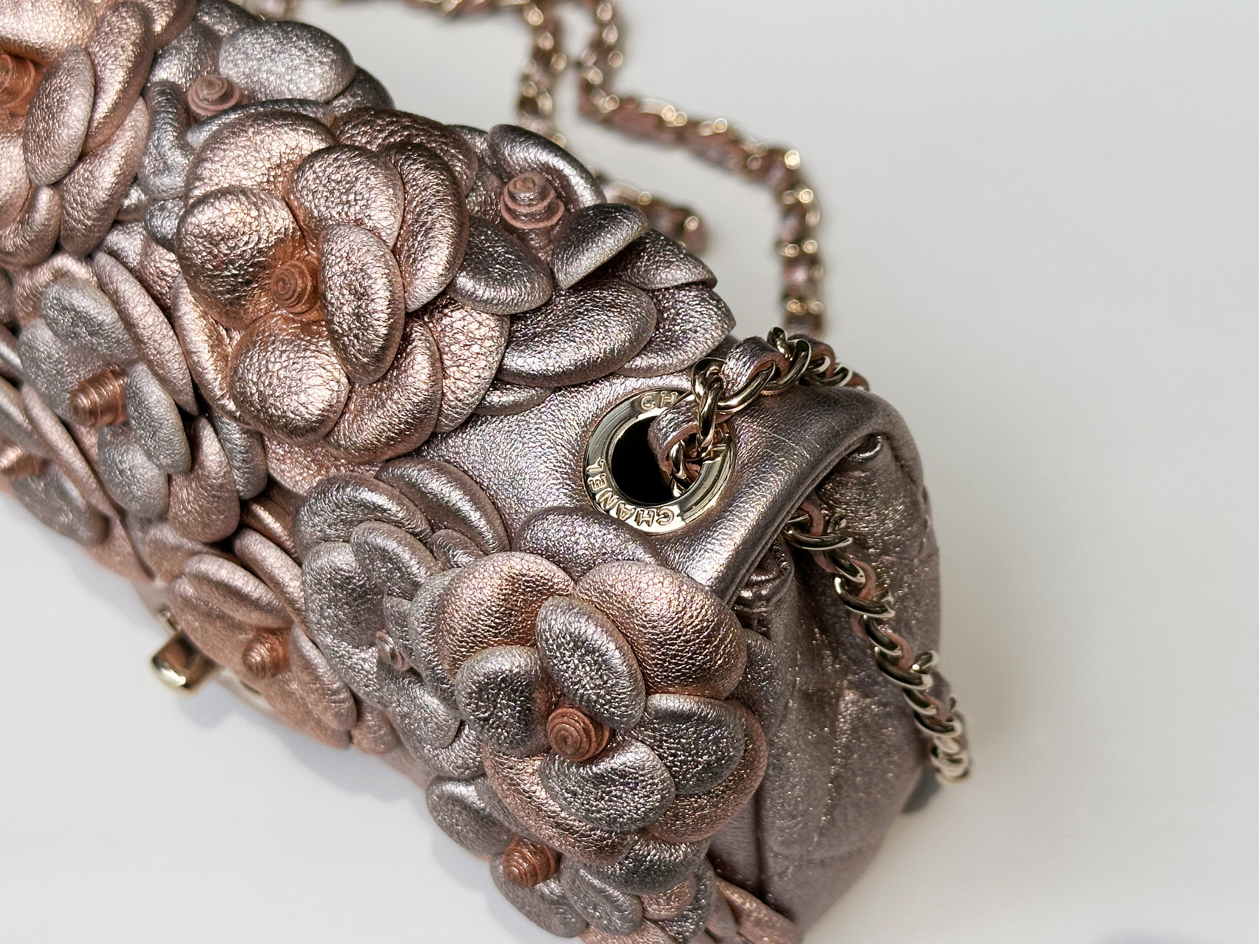 Chanel Camellia Mini Metallic Rose Gold/Pink Lambskin Gold Hardware 2078 holo card