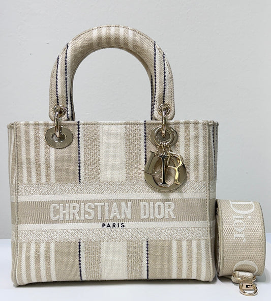 Dior Beige/White Medium Canvas Striped Lady D-Lite