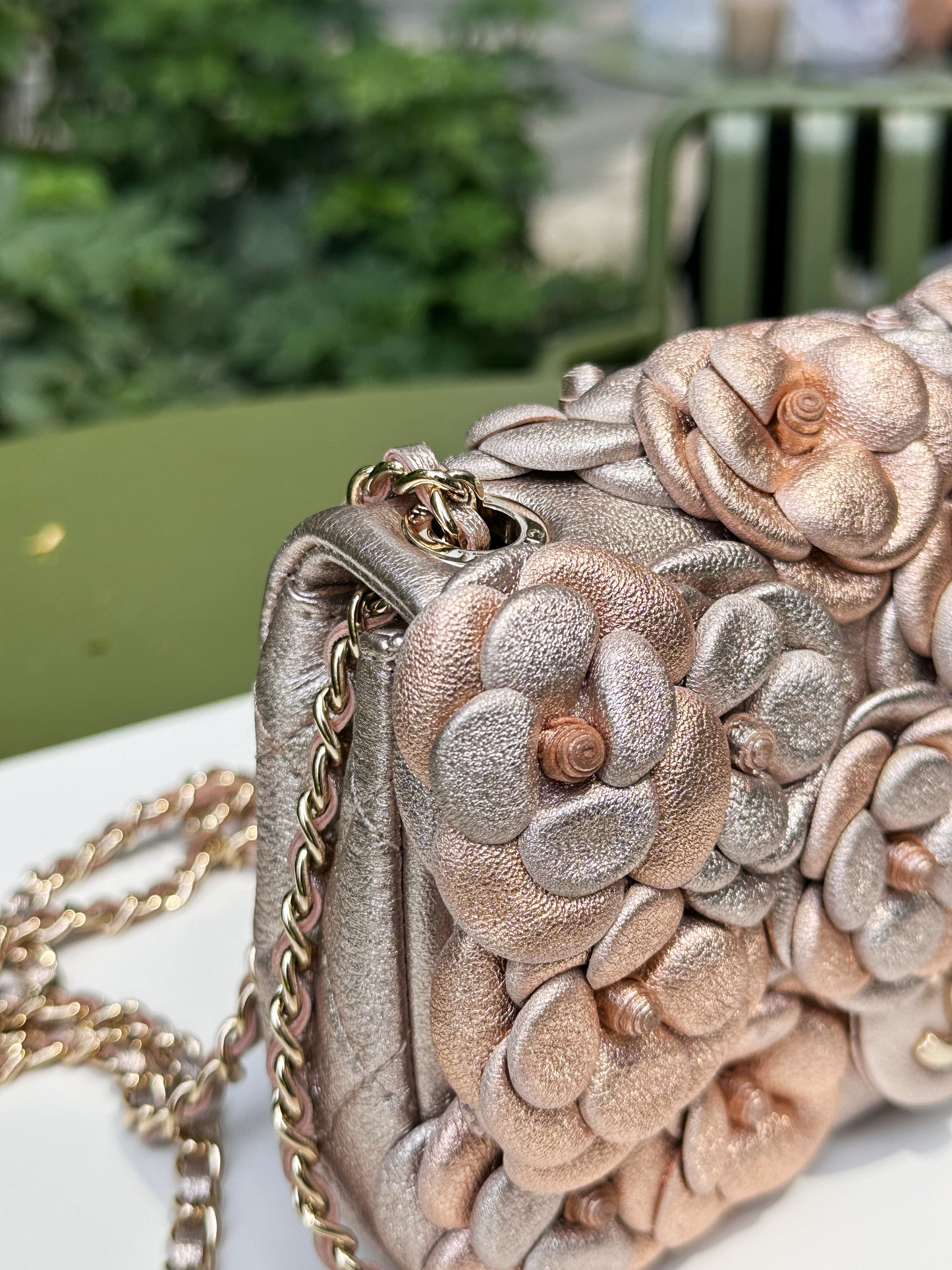 Chanel Camellia Mini Metallic Rose Gold/Pink Lambskin Gold Hardware 2078 holo card