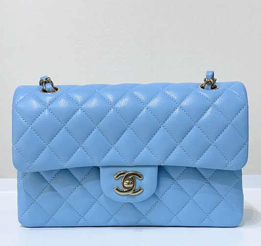 Chanel Small Classic Flap Ligth Blue Caviar Light Gold Hardware