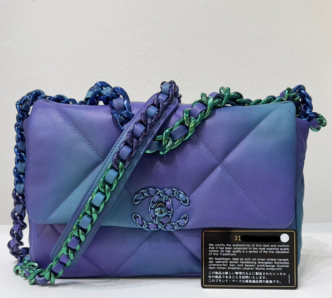 Chanel Medium Quilted 19 Flap Calfskin Tie Dye Blue Purple