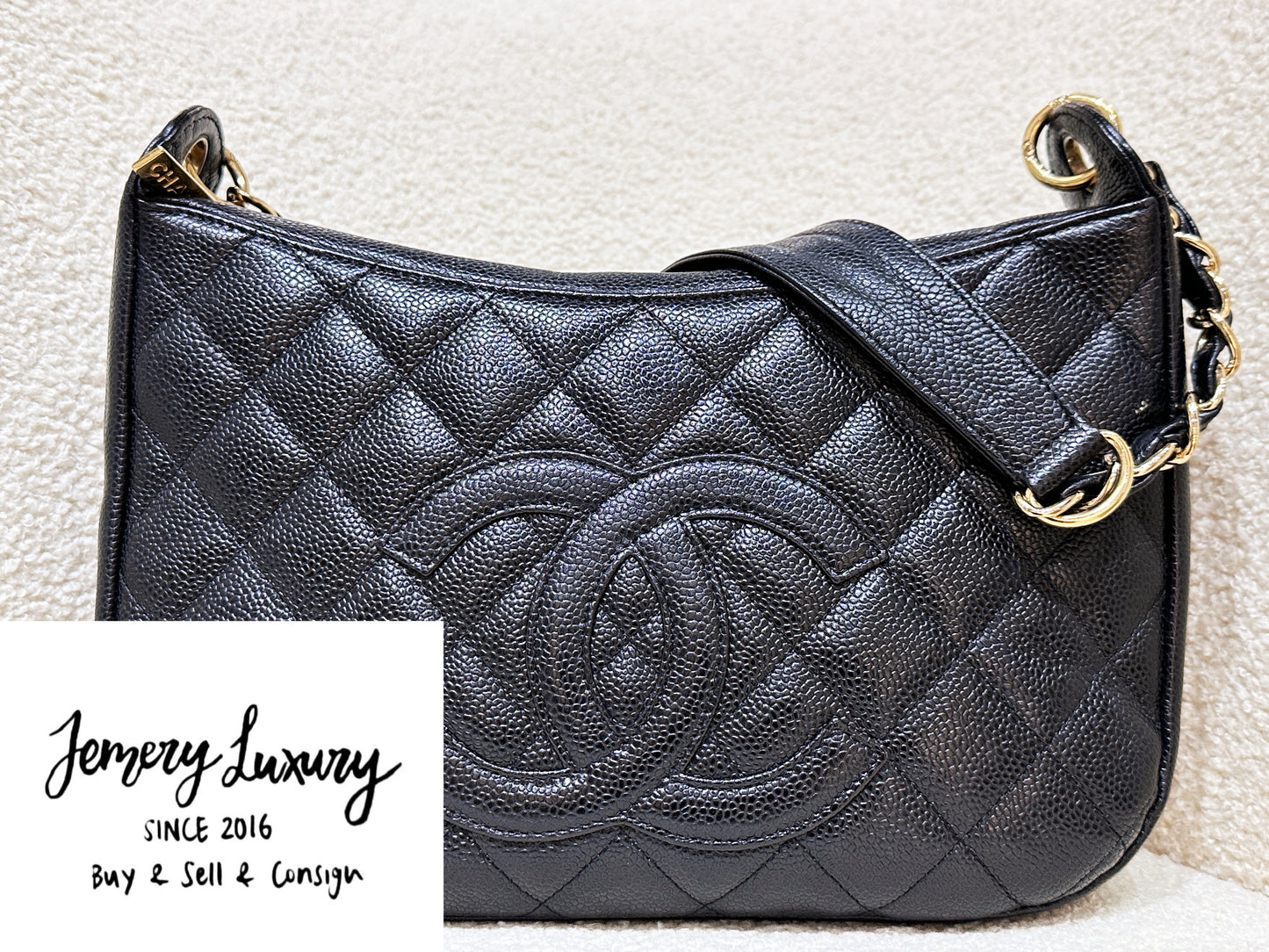 Chanel Black Quilted Caviar CC Logo Chain Shoulder Bag GHW 84 holo card