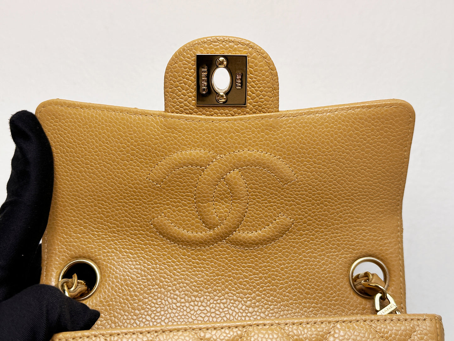 Chanel 24K Gold Mini Square Caviar Classic Flap Chain Shoulder Bag Beige GHW 84 holo card
