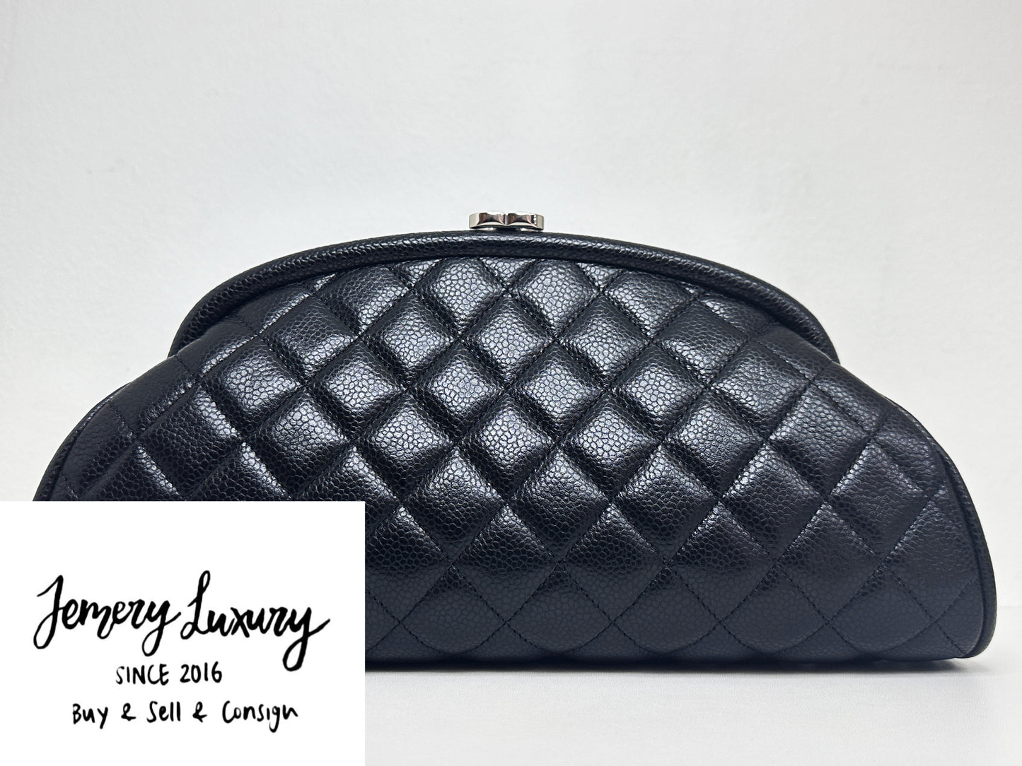 Chanel Quilted Timeless Kisslock Clutch Black Caviar SHW 1915 holo card