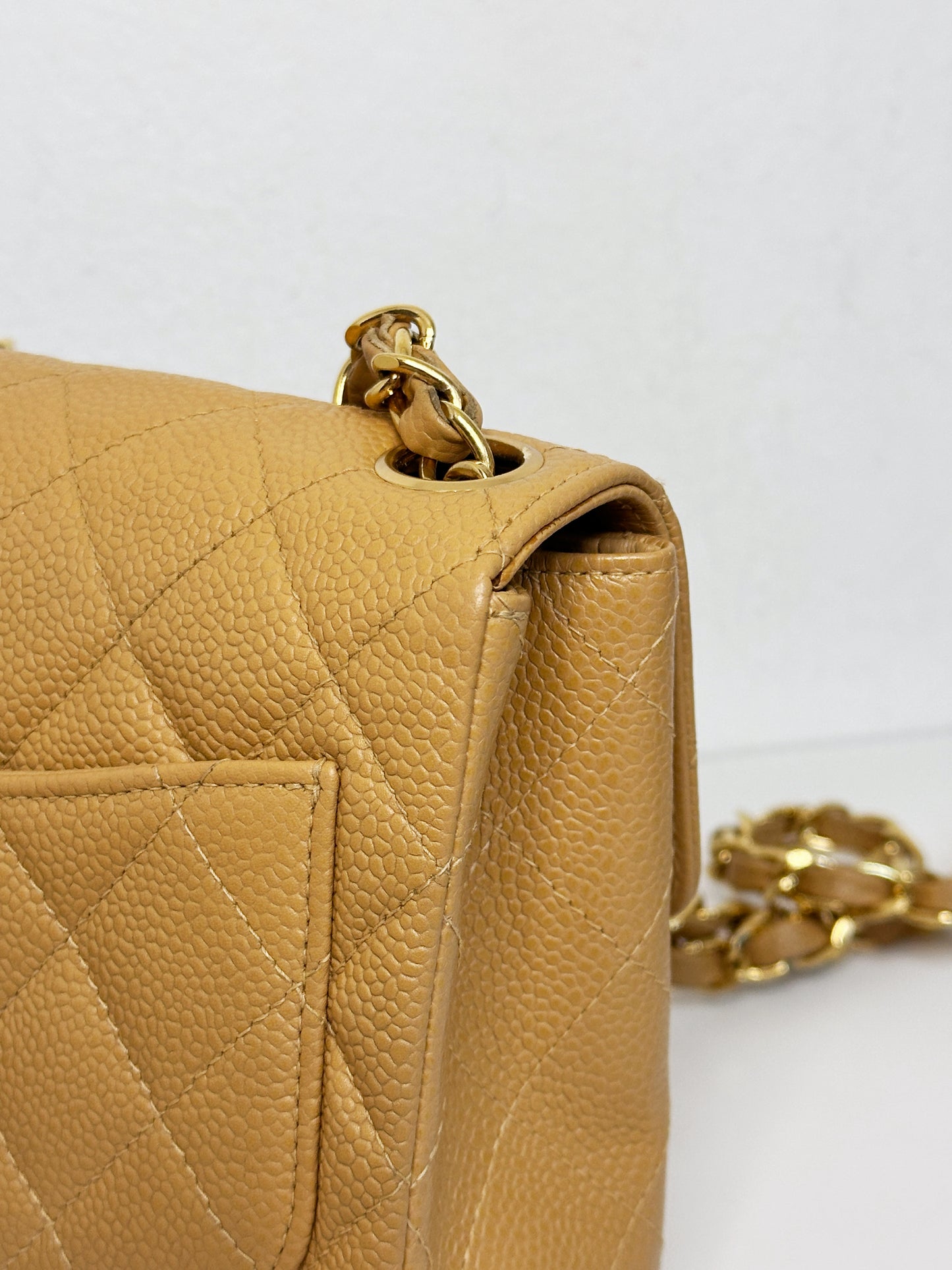 Chanel 24K Gold Mini Square Caviar Classic Flap Chain Shoulder Bag Beige GHW 84 holo card