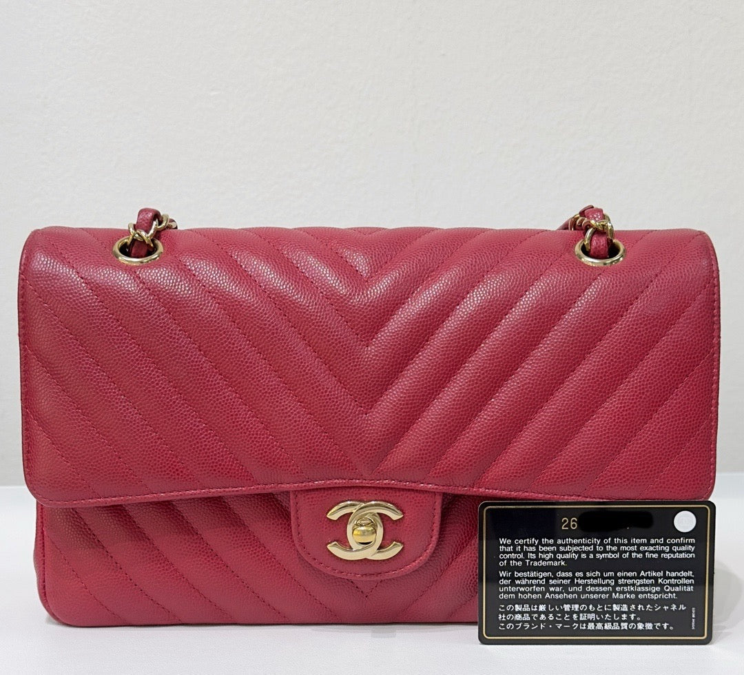 Chanel Medium Chevron Caviar Double Flap Red GHW