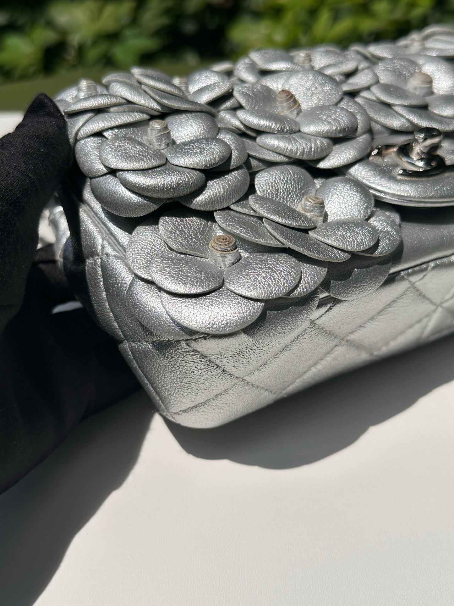 Chanel Mini Camellia Lambskin Shiny Silver SHW 2245 holo