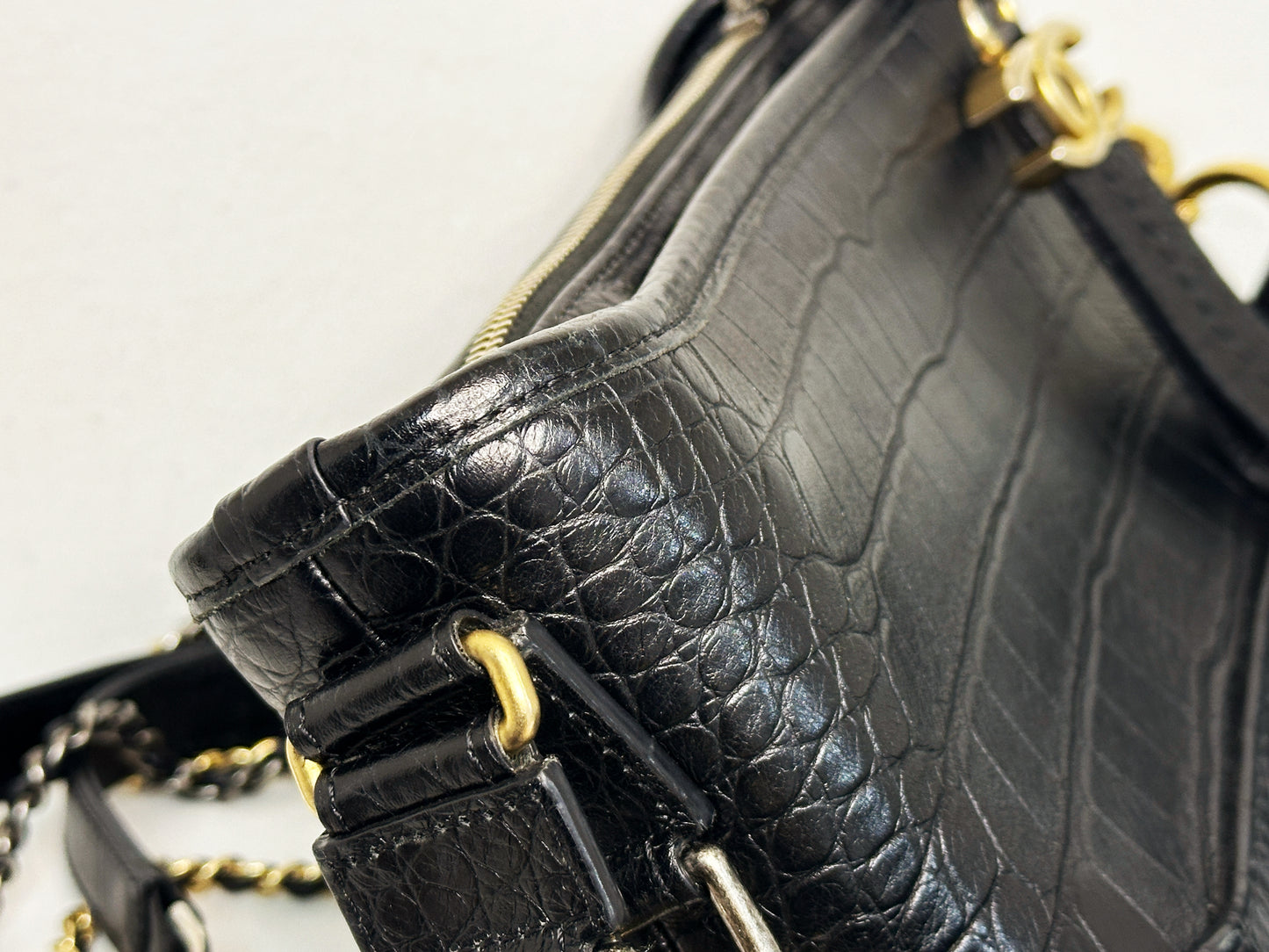 Chanel Small Gabrielle Hobo Bag Crocodile Embossed Calfskin Black 2822 holo card