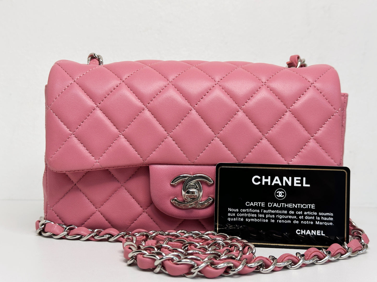 CHANEL Pink Lambskin Quilted Mini Rectangular Flap Bag Pink