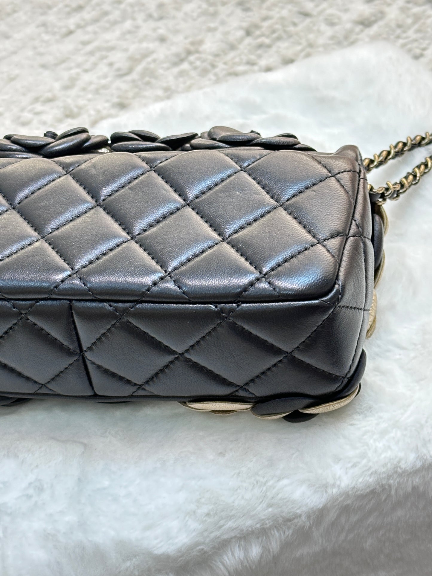 Chanel Mini Metallic Lambskin Quilted Camellia Flap  Bag Black Gold