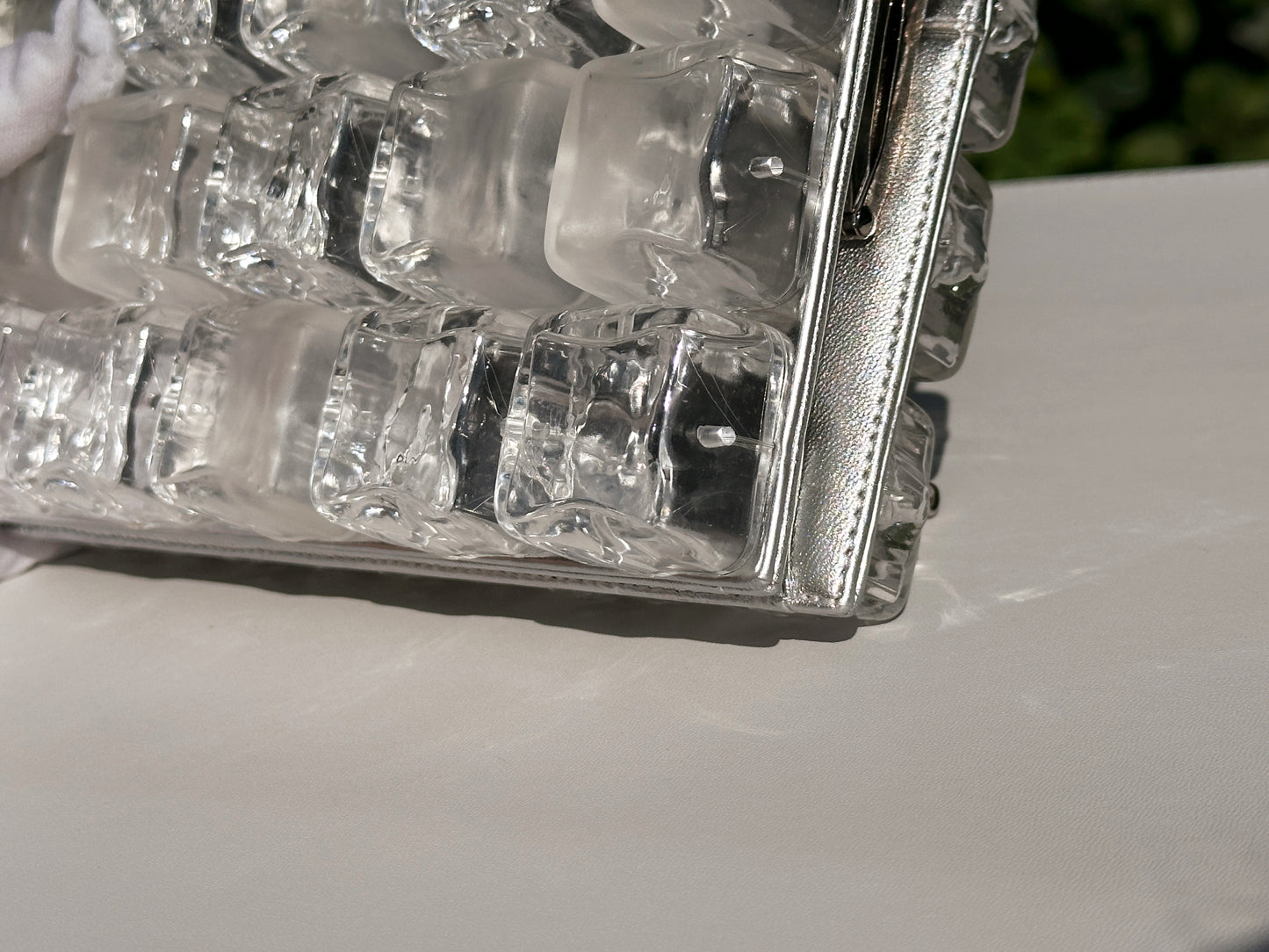 Chanel Silver Metallic Lambskin and Clear Acrylic Ice Cube Bag Silver Hardware 1426 holo card