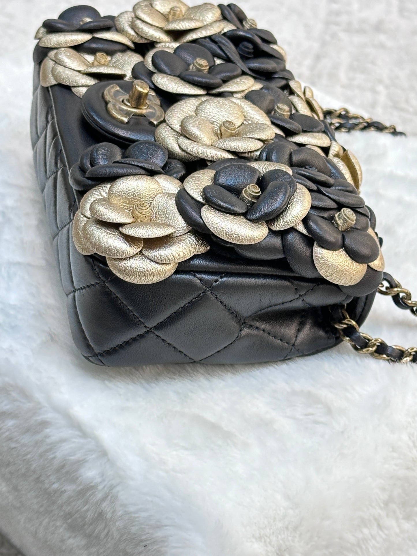 Chanel Mini Metallic Lambskin Quilted Camellia Flap  Bag Black Gold