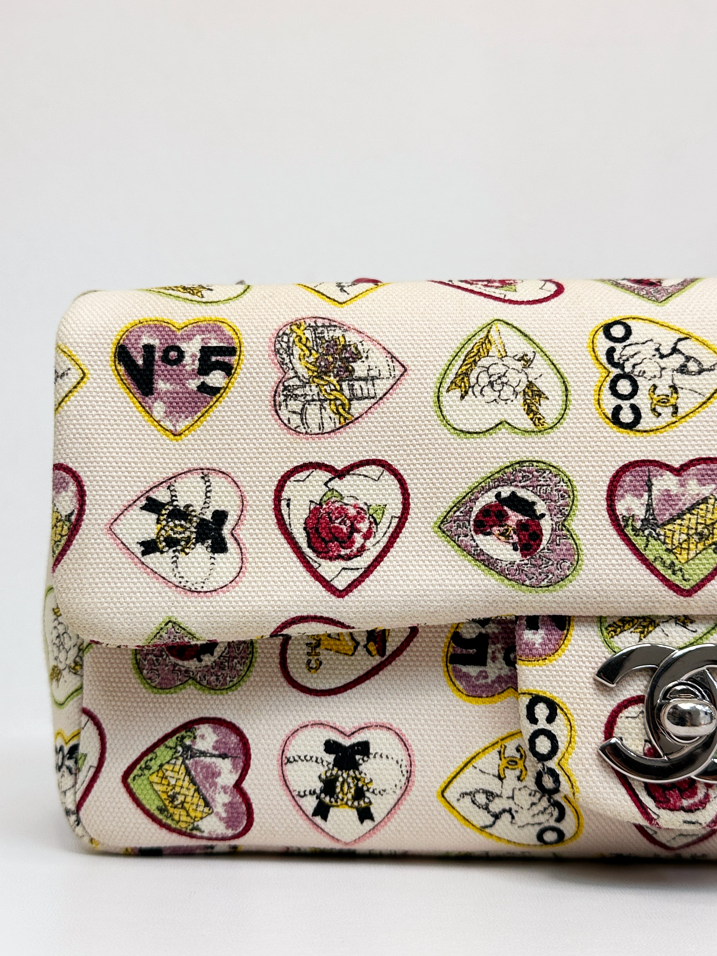 Chanel Valentine Coco Heart Motif Printed Pink Canvas East West Flap Bag 1064 holo