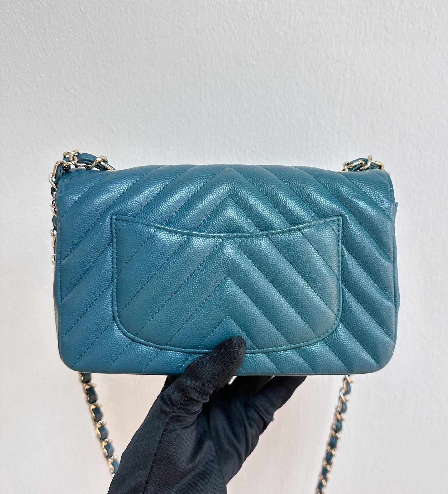 Chanel Mini Caviar Rectangular Chevron Turquoise Green GHW