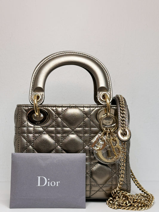 CHRISTIAN DIOR LADY MINI CALFSKIN CANNAGE BRONZE METALLIC GOLDEN HARDWARE CHAIN STRAP