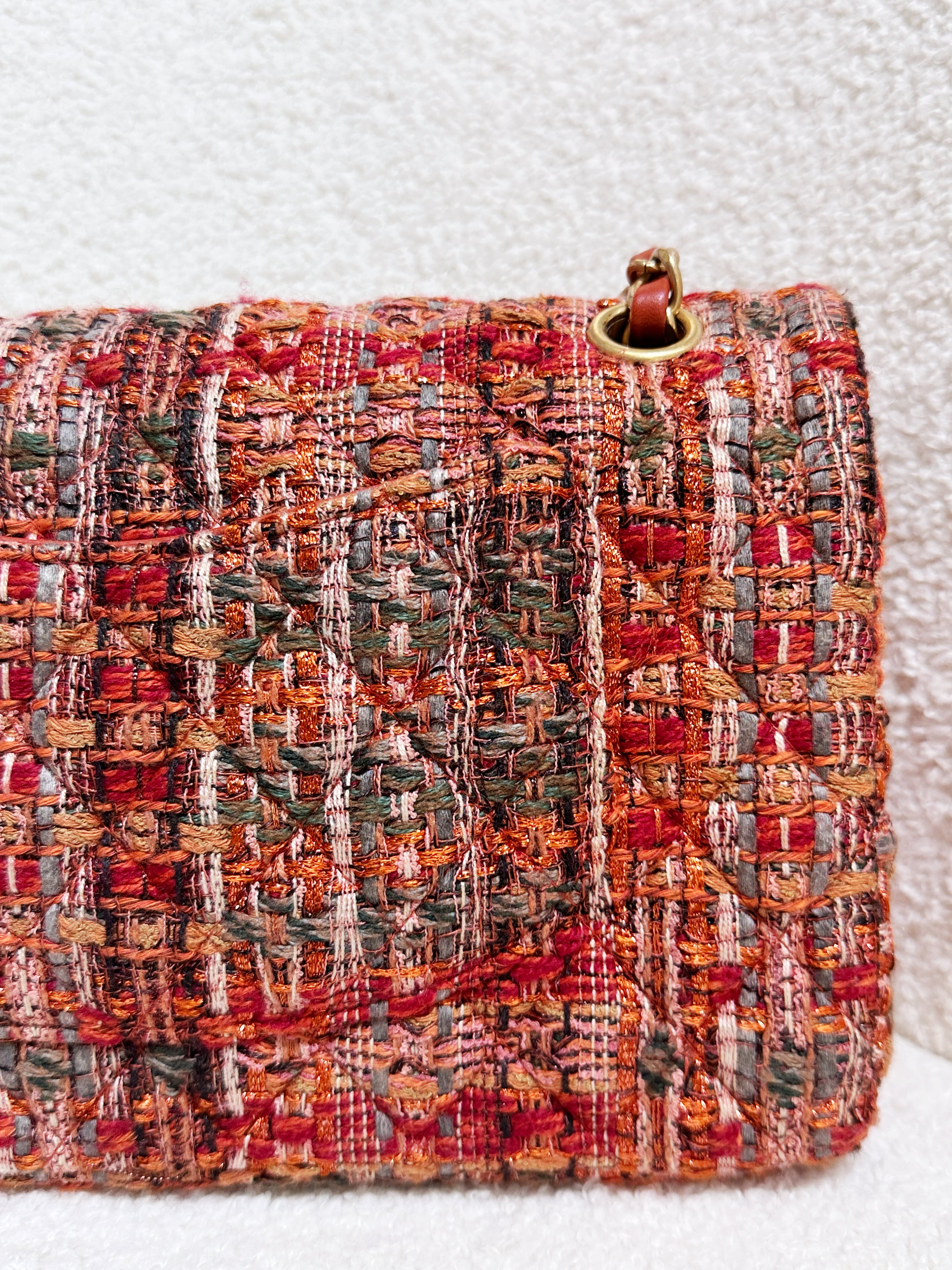 Chanel Tweed Quilted Medium Double Flap Bag Orange Multicolor K9J2 microchip