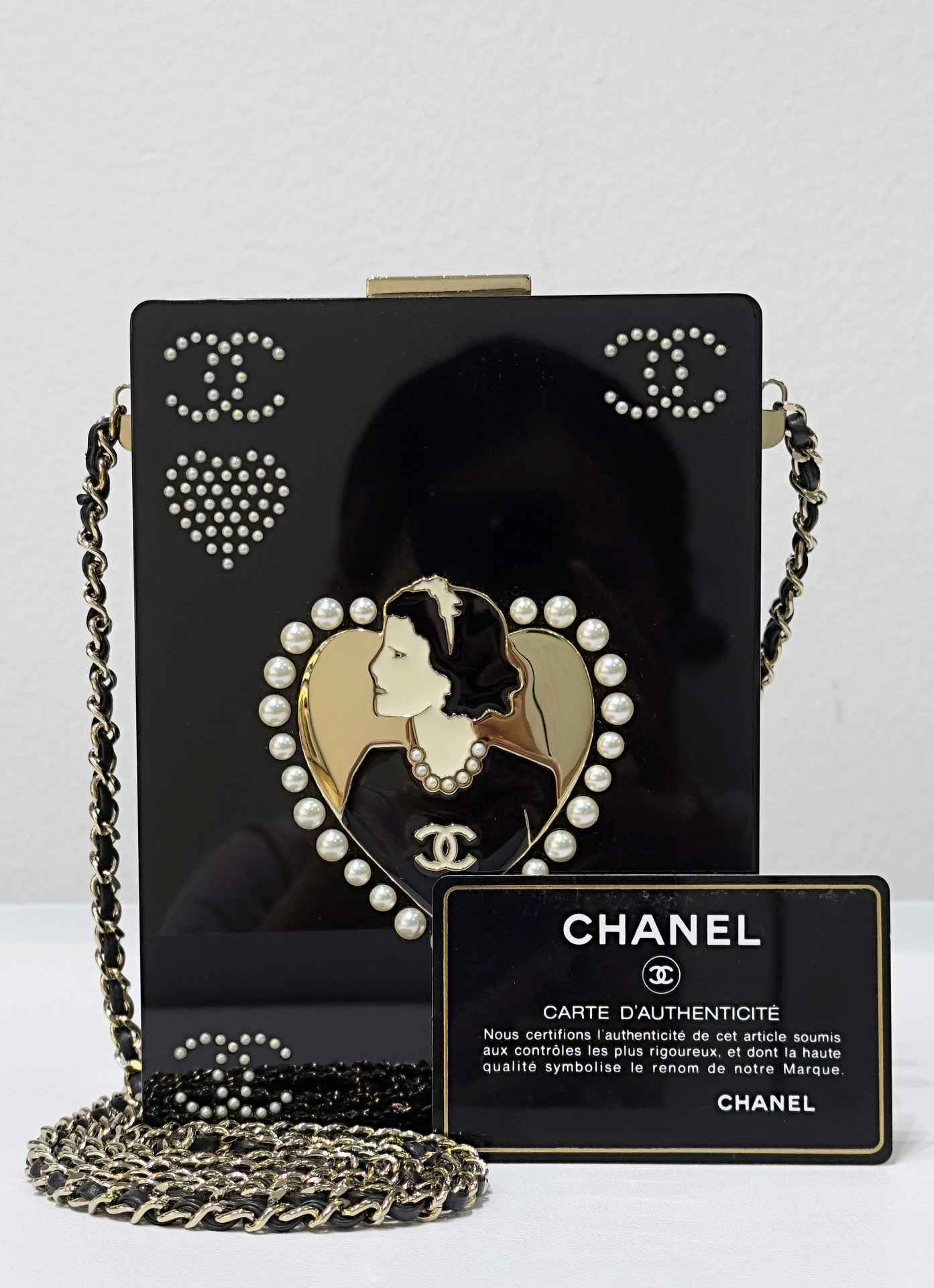 Chanel Plexiglass Pearl Playing Card Casino Minaudiere Clutch Black GH Jemeryluxury