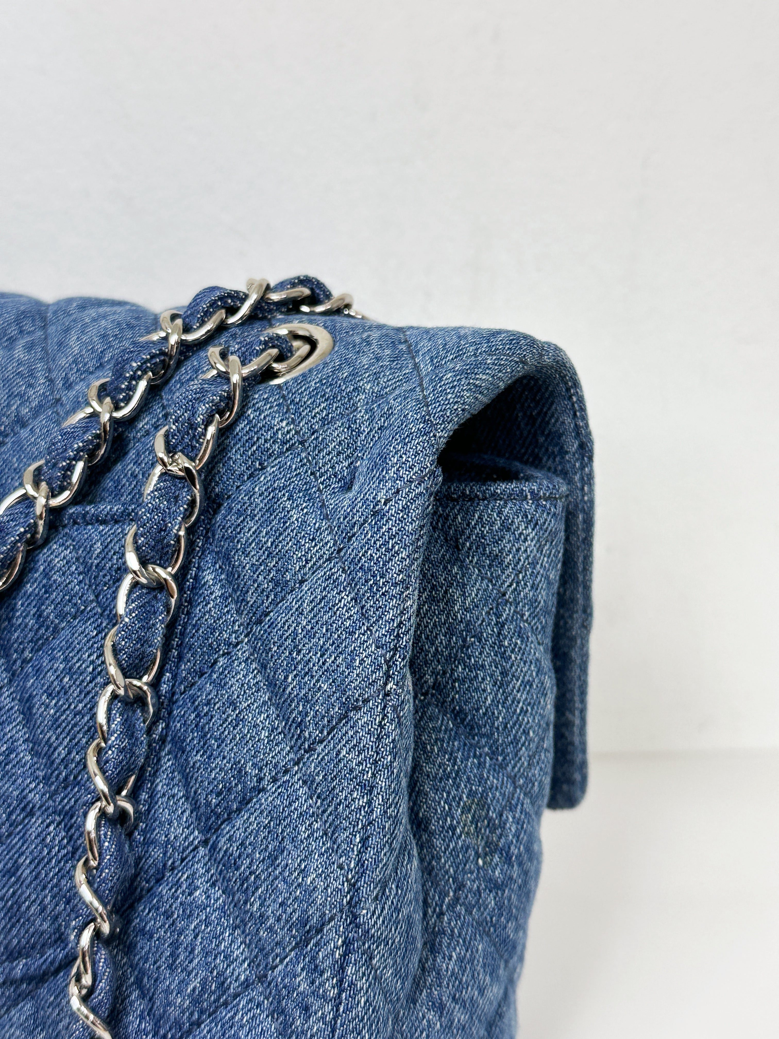 Chanel 20B Medium Blue Denim Quilted CC Single Flap SHW 3045 holo card