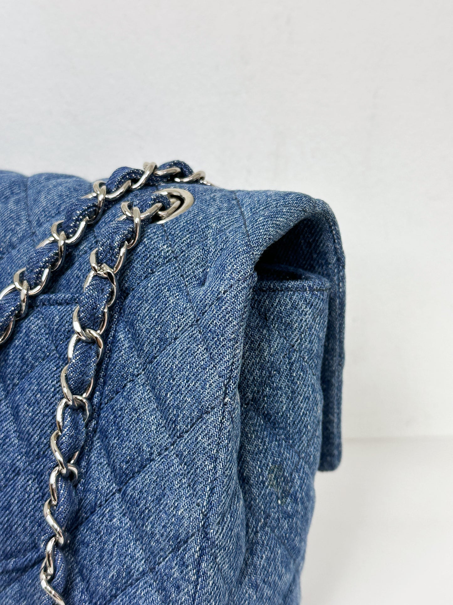 Chanel 20B Medium Blue Denim Quilted CC Single Flap SHW 3045 holo card