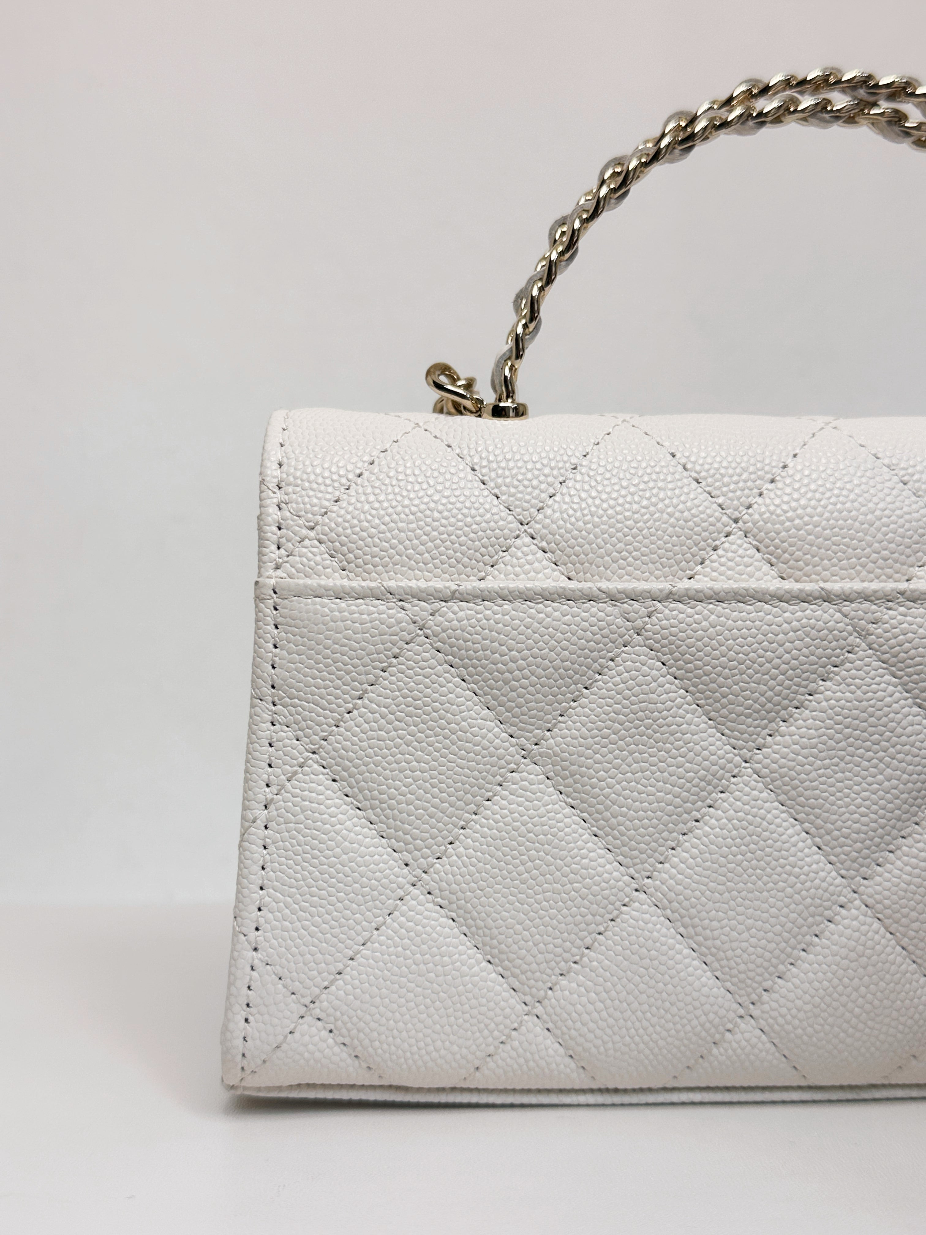 Chanel 23P Top Handle Kelly Clutch with Chain in White Caviar GHW