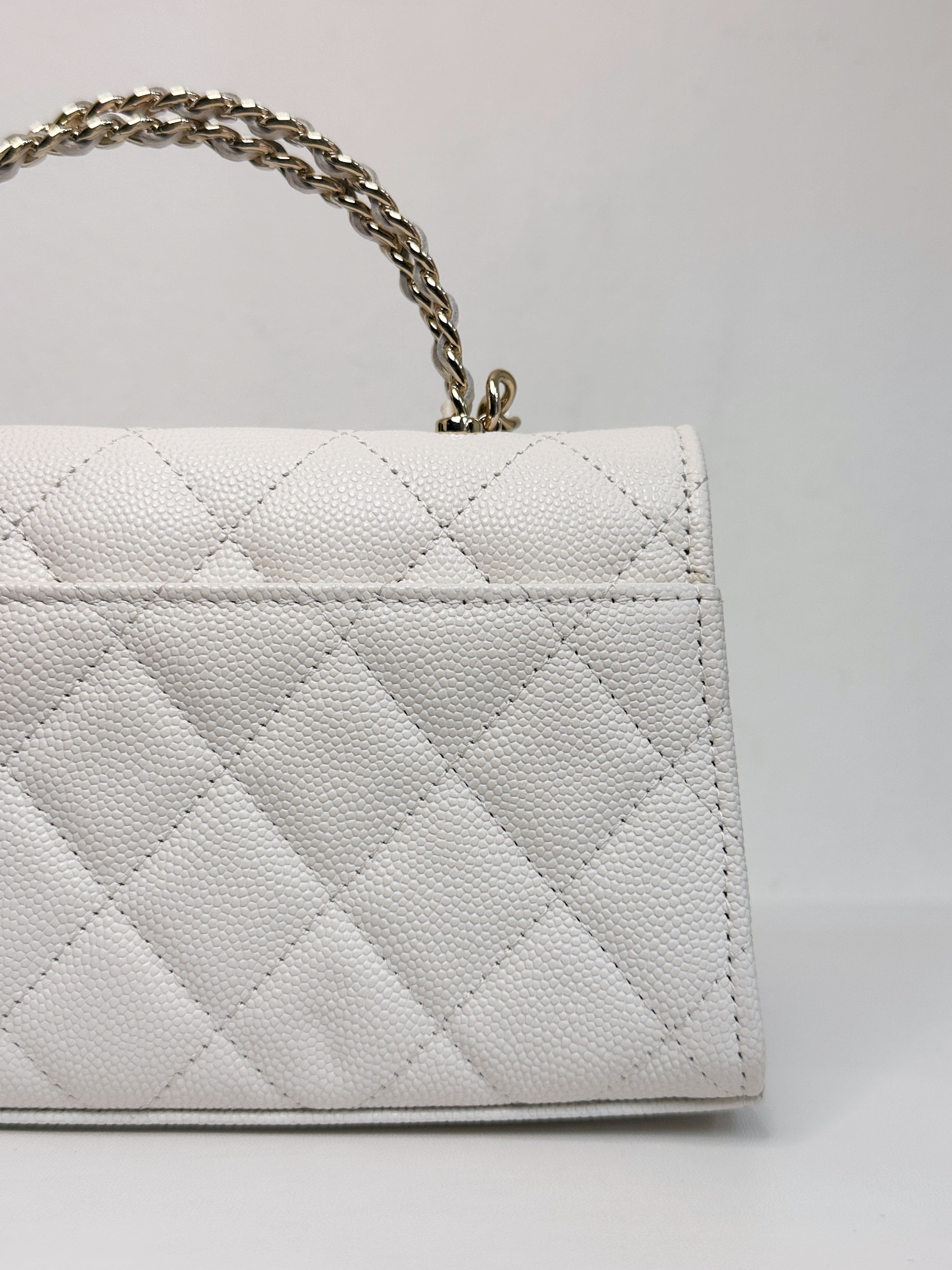 Chanel 23P Top Handle Kelly Clutch with Chain in White Caviar GHW