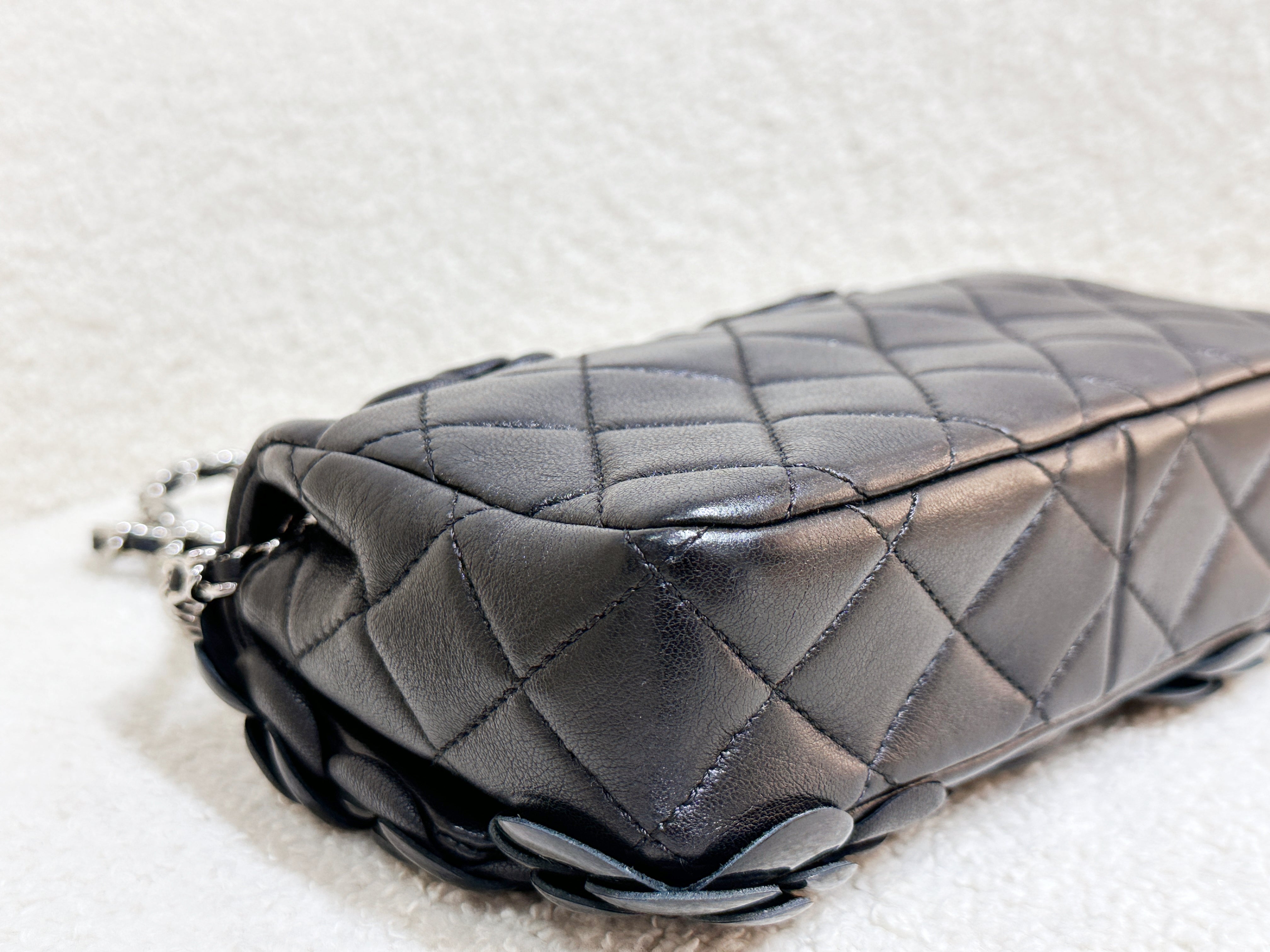 Chanel Mini Rectangular Camellia Flap Bag Black Lambskin and Patent Silver Hardware