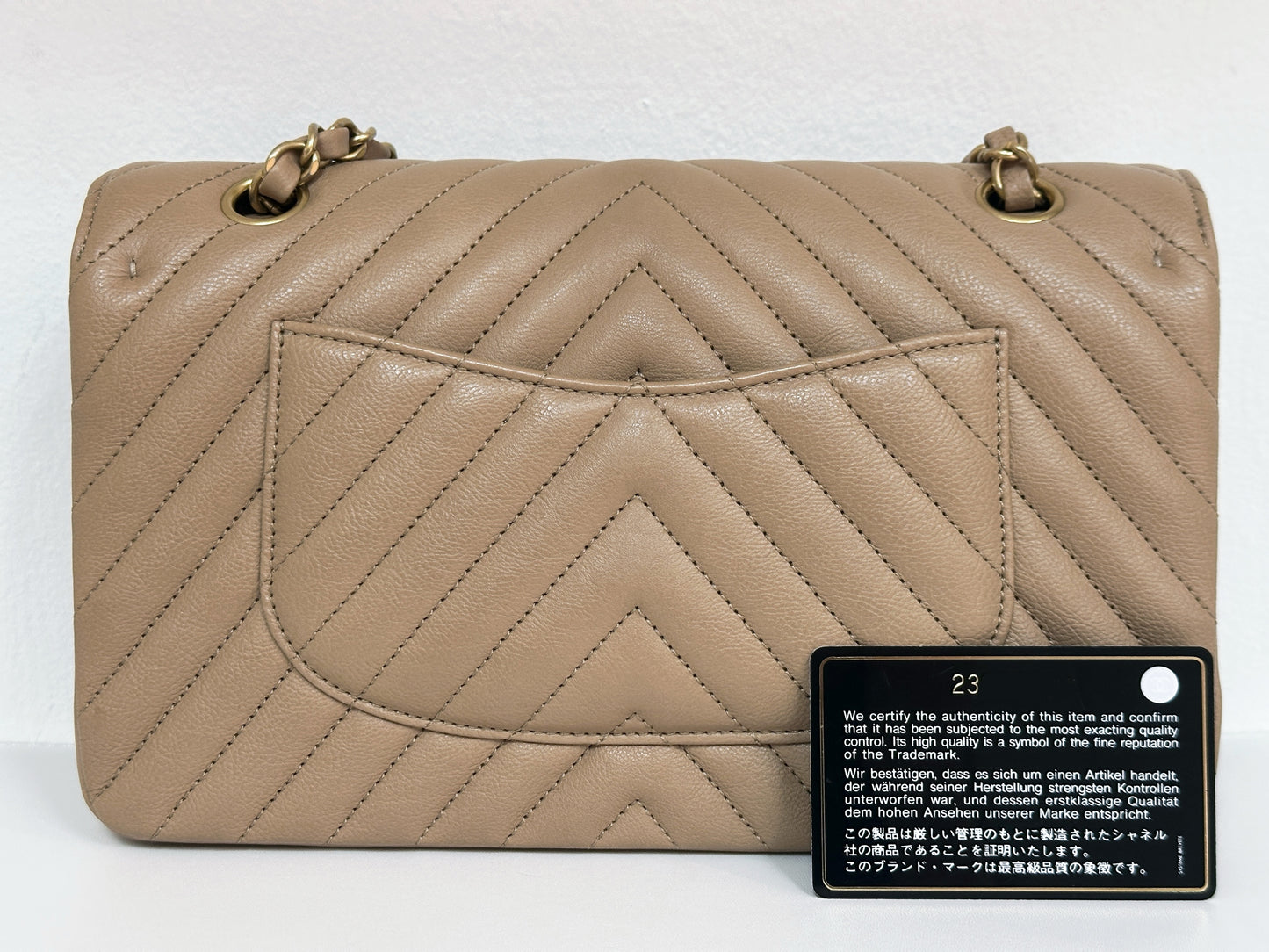 Chanel Calfskin Chevron Quilted Medium Double Flap Beige 2383 holo card