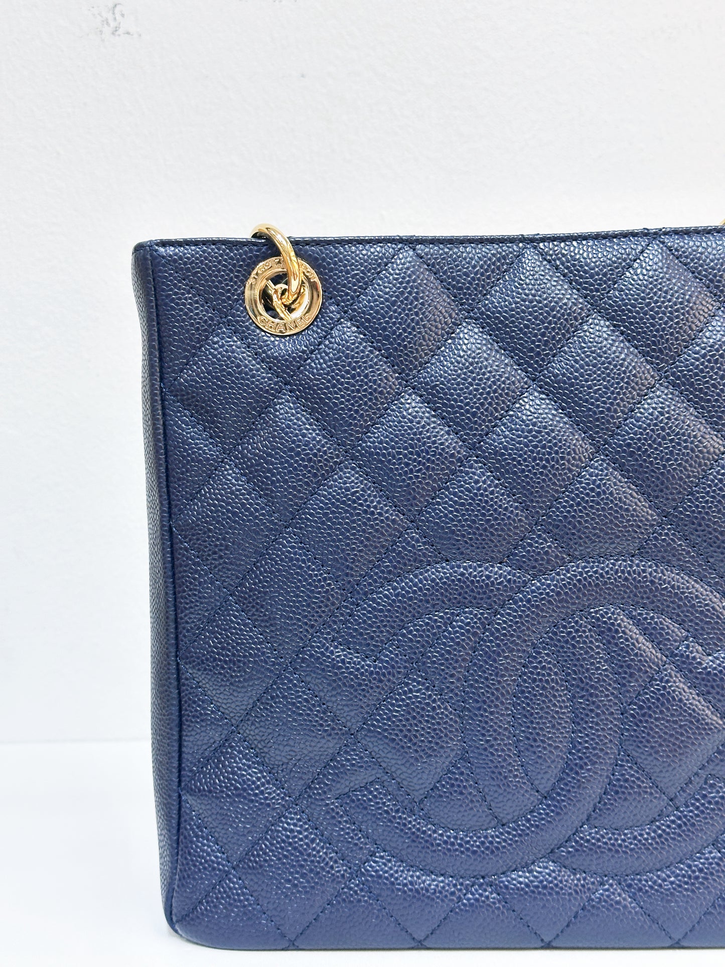 Chanel Caviar Quilted Petit Shopping Tote PST Navy Blue 1898 holo card