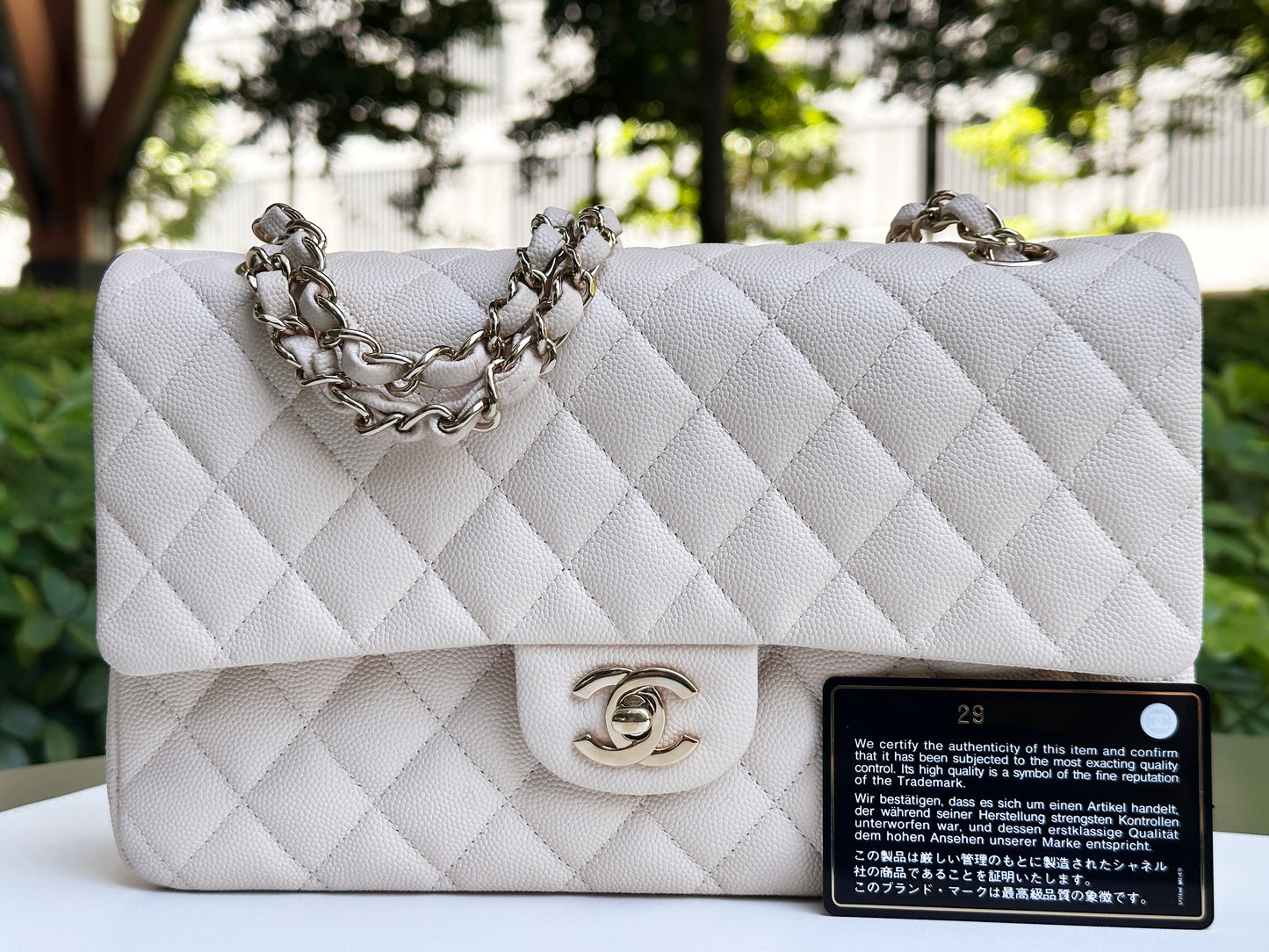 Chanel Medium Caviar Classic Quilted Double Flap Ivory Light Beige Bag LGHW