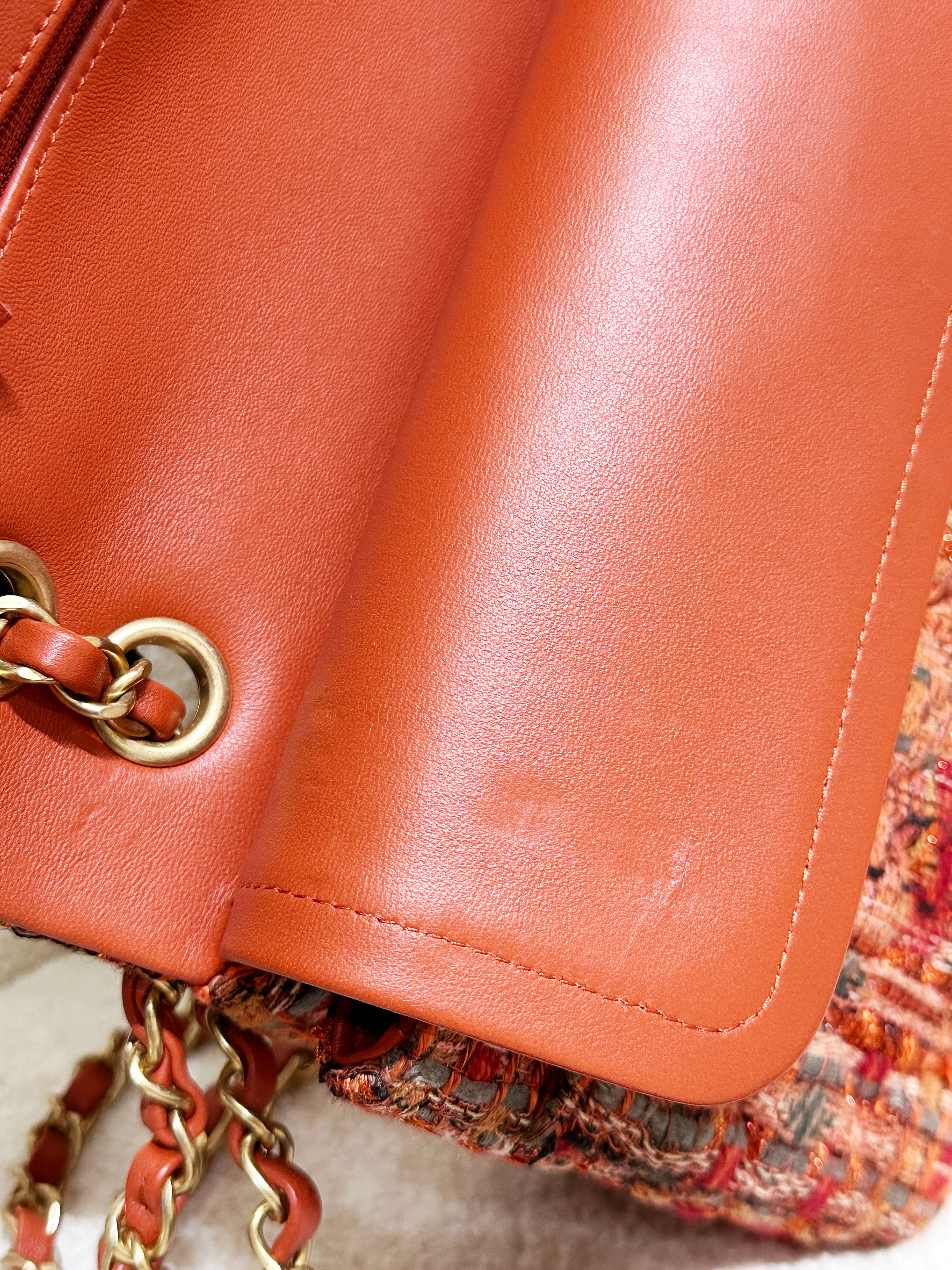 Chanel Tweed Quilted Medium Double Flap Bag Orange Multicolor K9J2 microchip