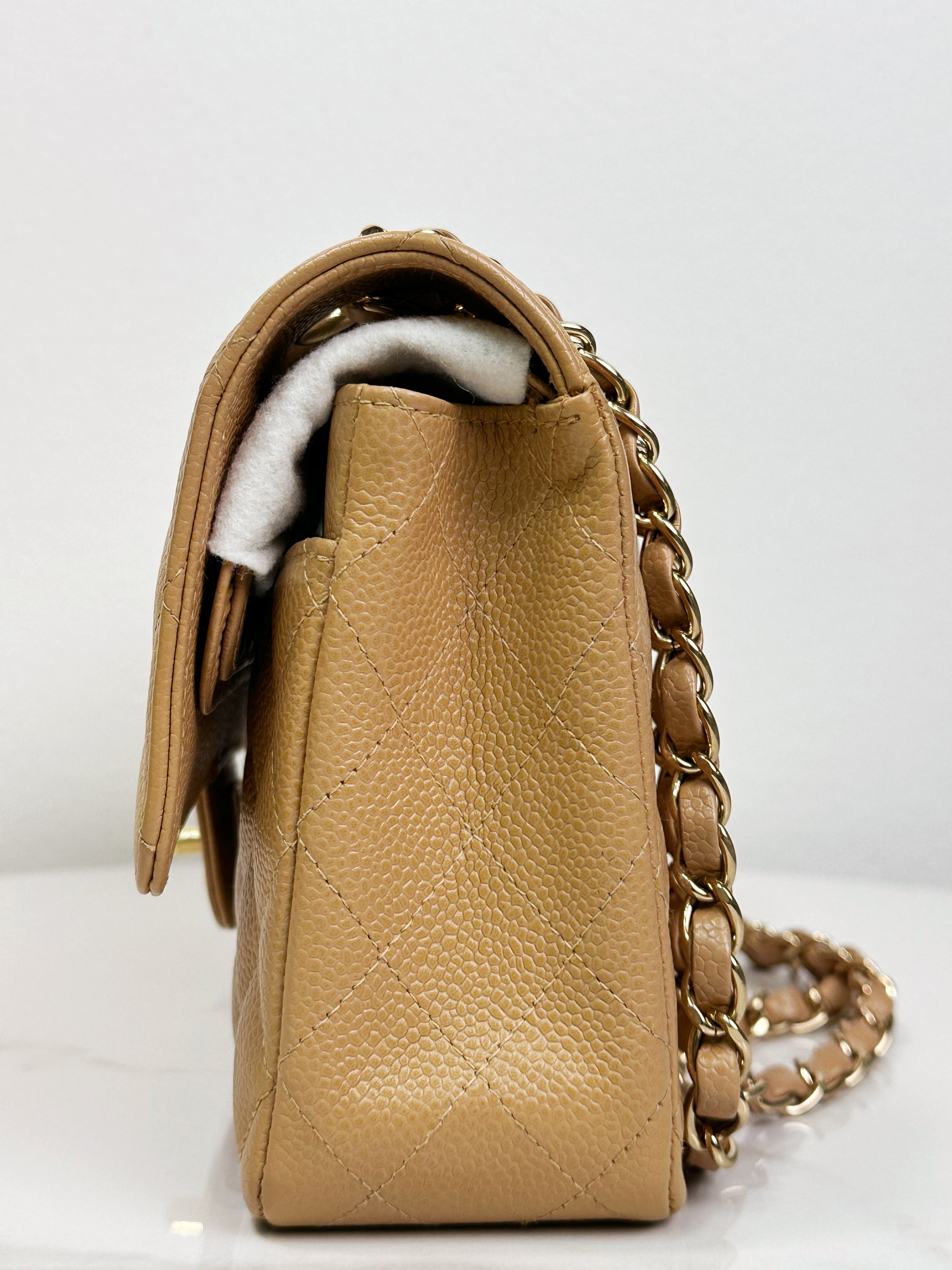 Preloved Authentic Chanel Vintage 24kGold Medium Caviar Quilted Double Flap Beige Bag