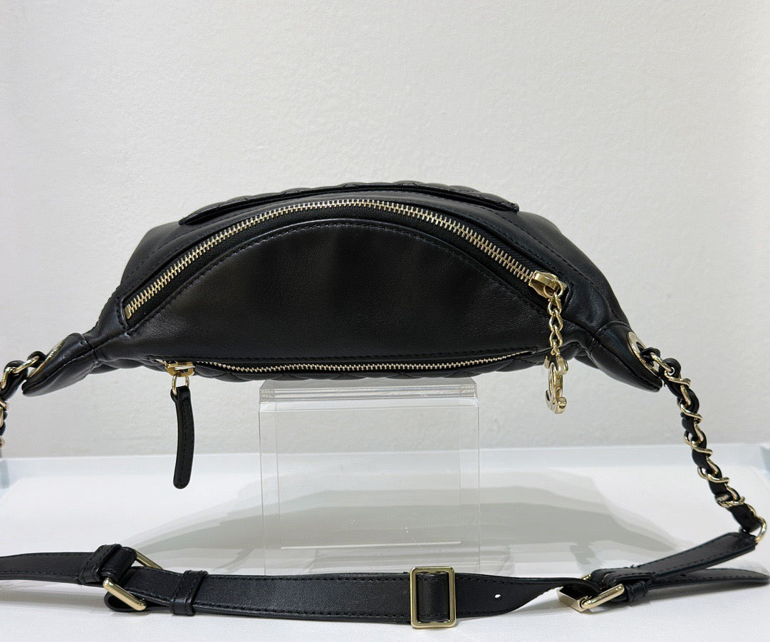 Chanel Lambskin Quilted Waist Bag Fanny Pack Black GHW