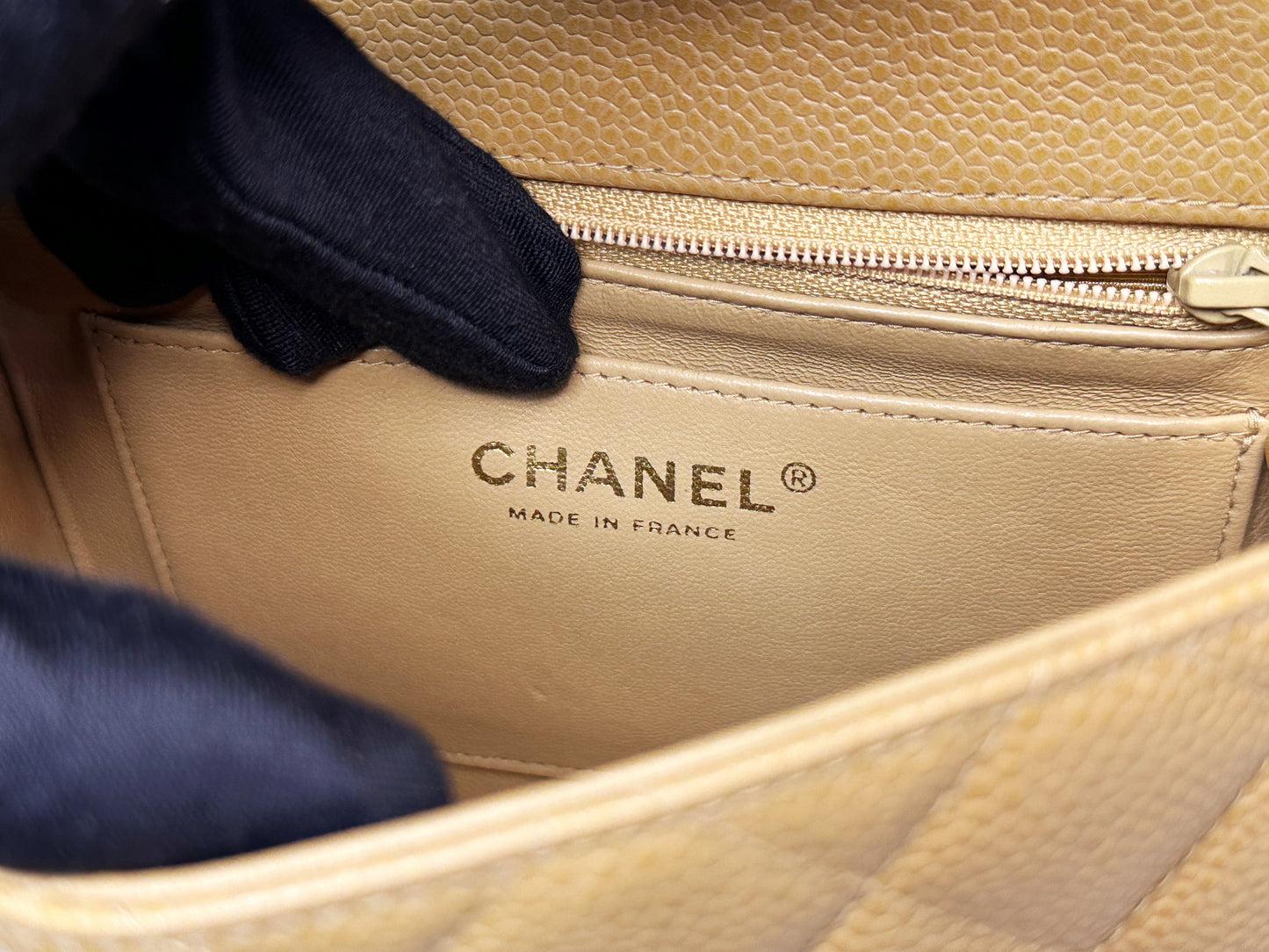 Chanel 24K Gold Mini Square Caviar Classic Flap Chain Shoulder Bag Beige GHW 84 holo card