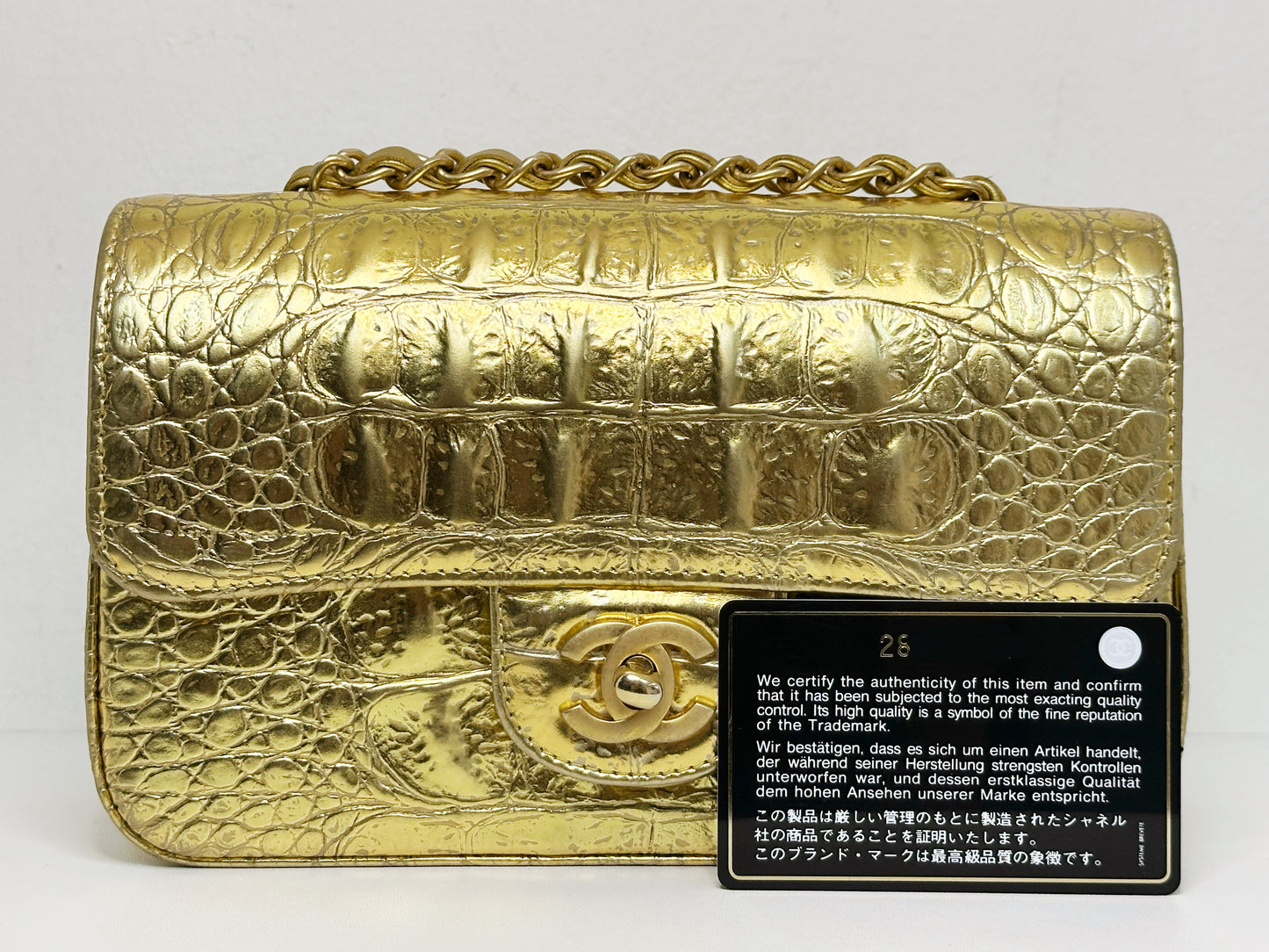 Chanel Mini Calfskin Crocodile Embossed Rectangular Gold Metallic Flap Bag 2813 holo card