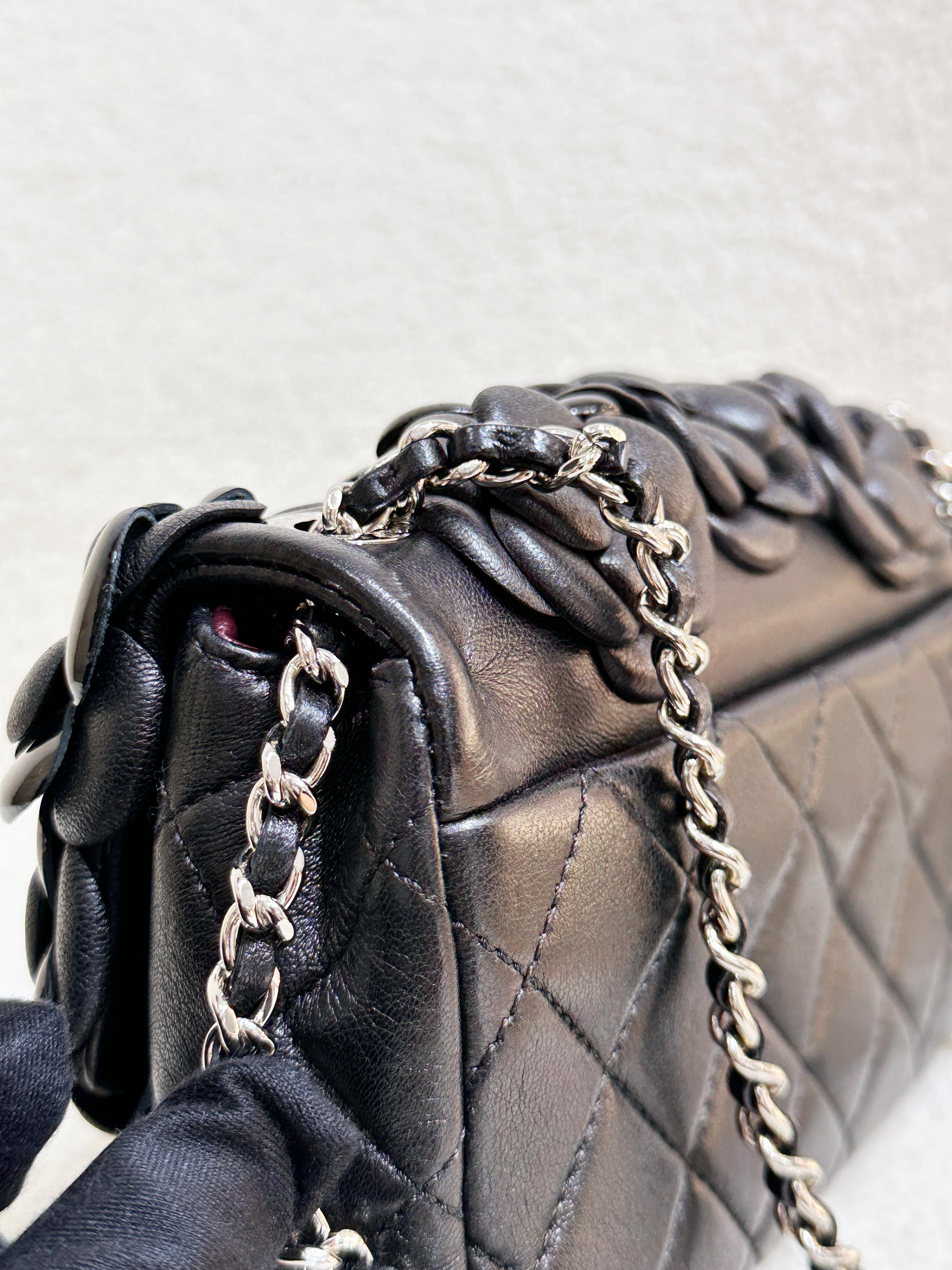 Chanel Mini Rectangular Camellia Flap Bag Black Lambskin and Patent Silver Hardware