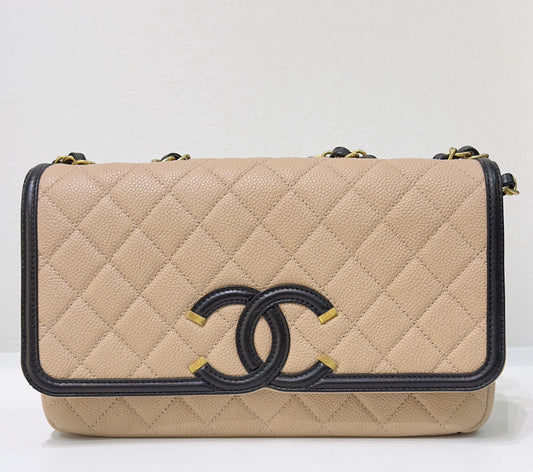 Chanel Medium Caviar Quilted CC Filigree Flap Beige Black